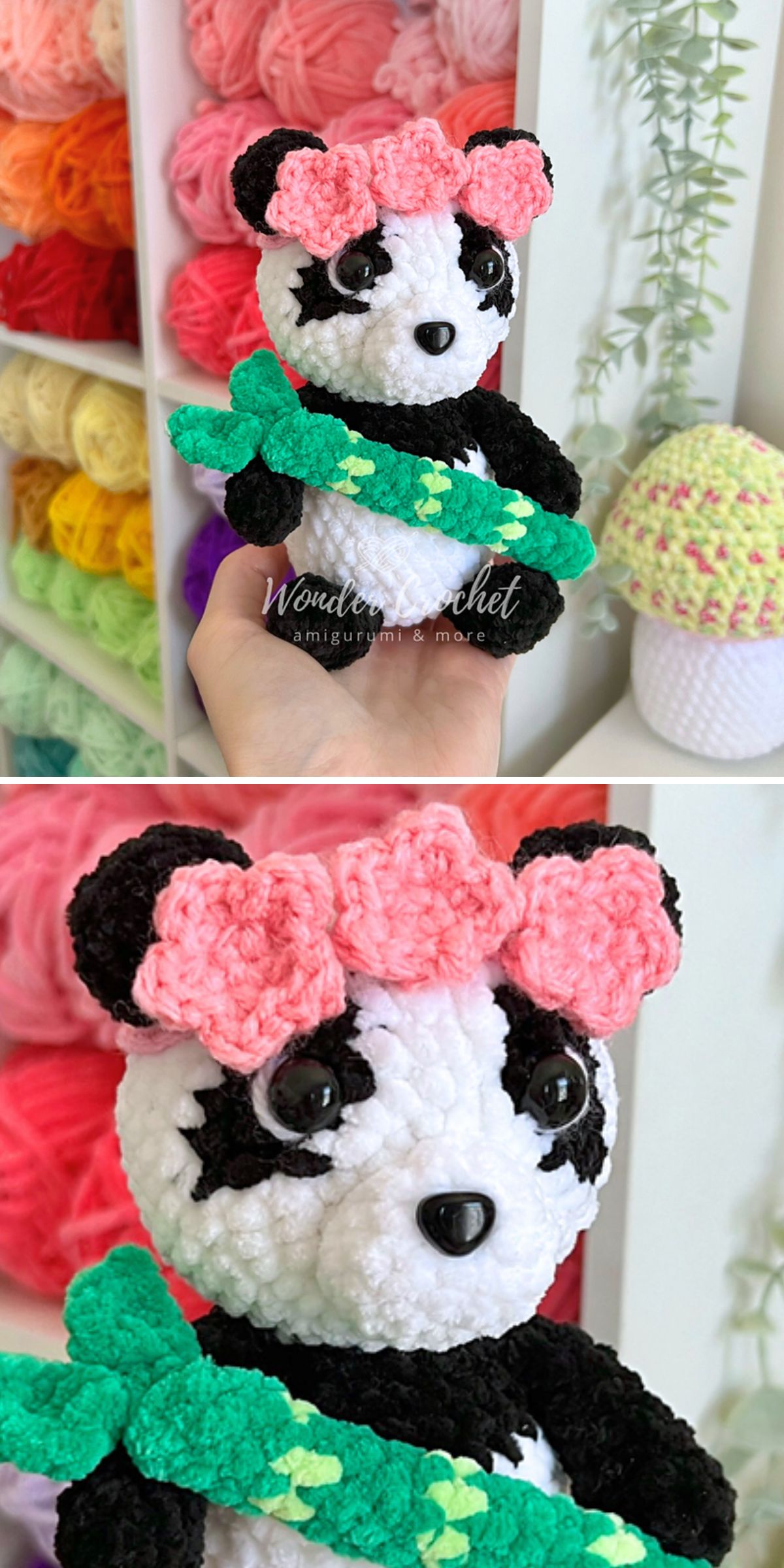 A crochet panda plush toy with a pink flower crown and a green scarf, held in front of shelves of colorful yarn skeins.