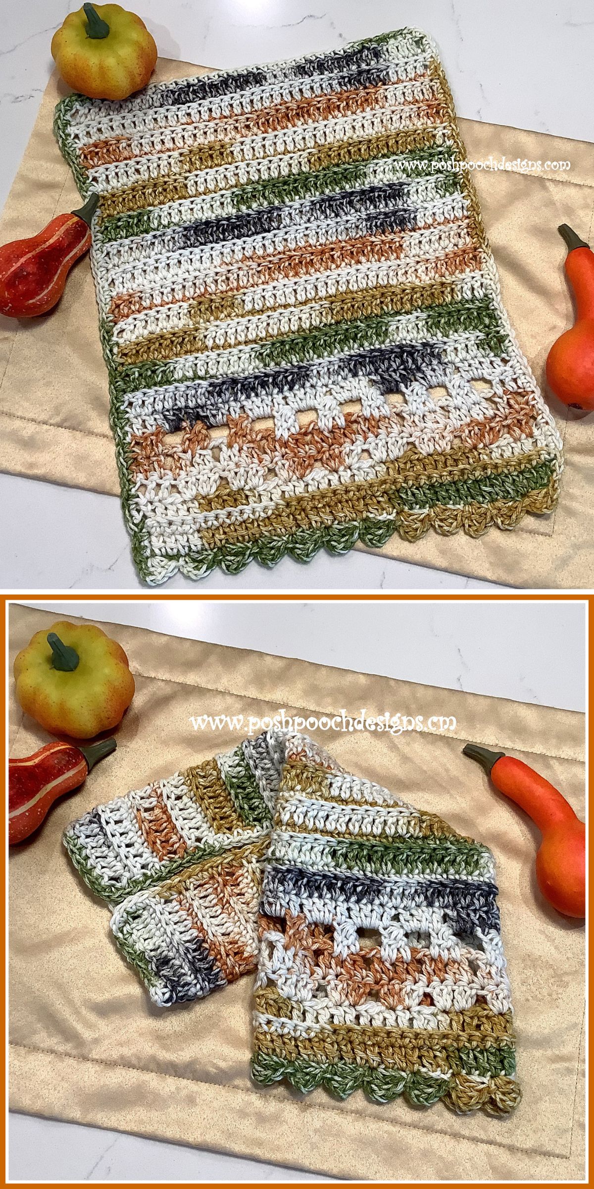 Autumn-inspired crochet tea towel with textured stripes in fall colors, styled with seasonal décor on a table.