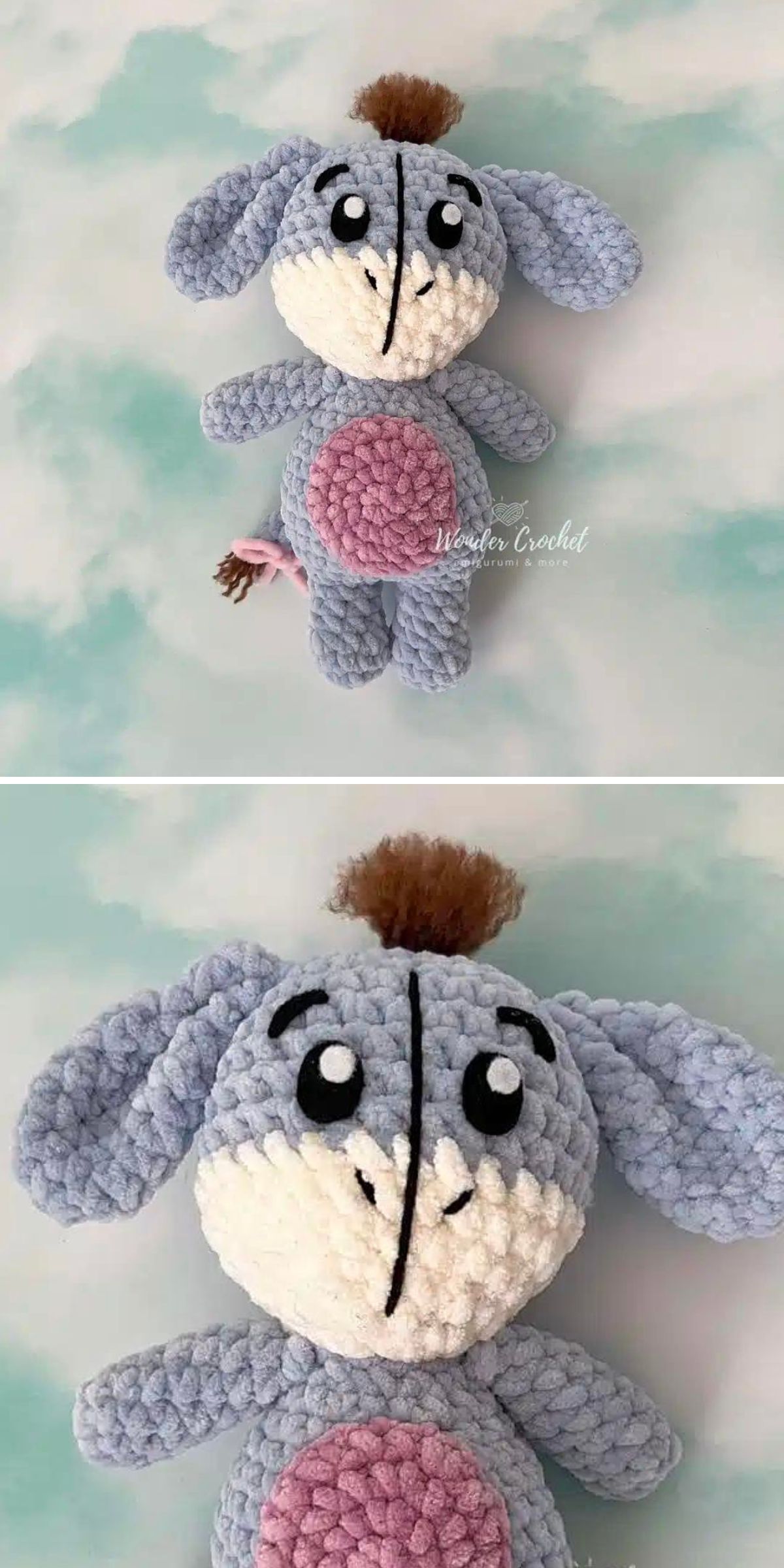 Plush crochet donkey amigurumi resembling Eeyore from Winnie the Pooh, featuring a blue and purple body, pink belly, and brown tuft of hair.