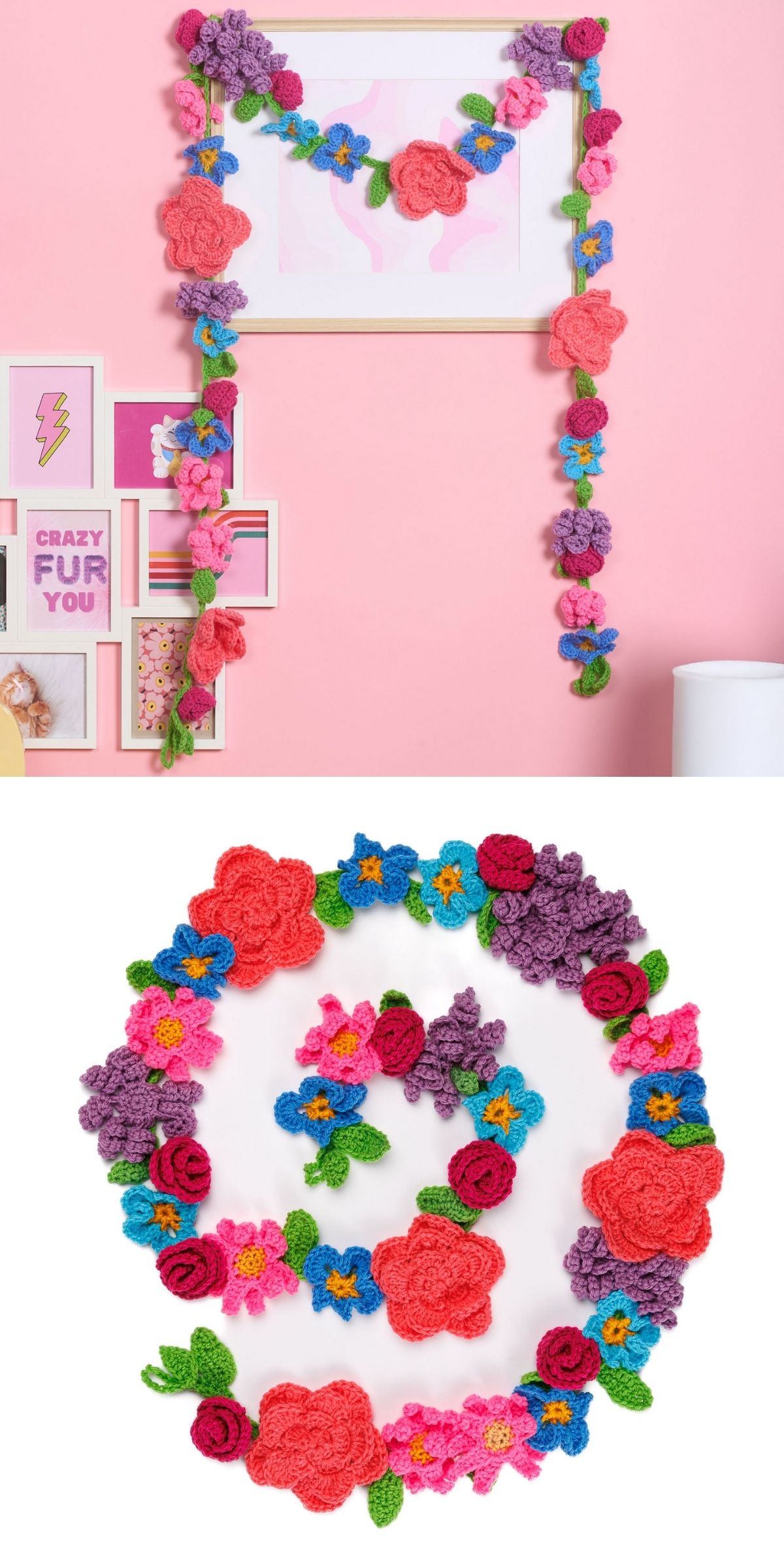Colorful crocheted flower garlands, perfect for crochet home decor, are displayed on a pink wall above framed art and arranged in a circular pattern on a white background.