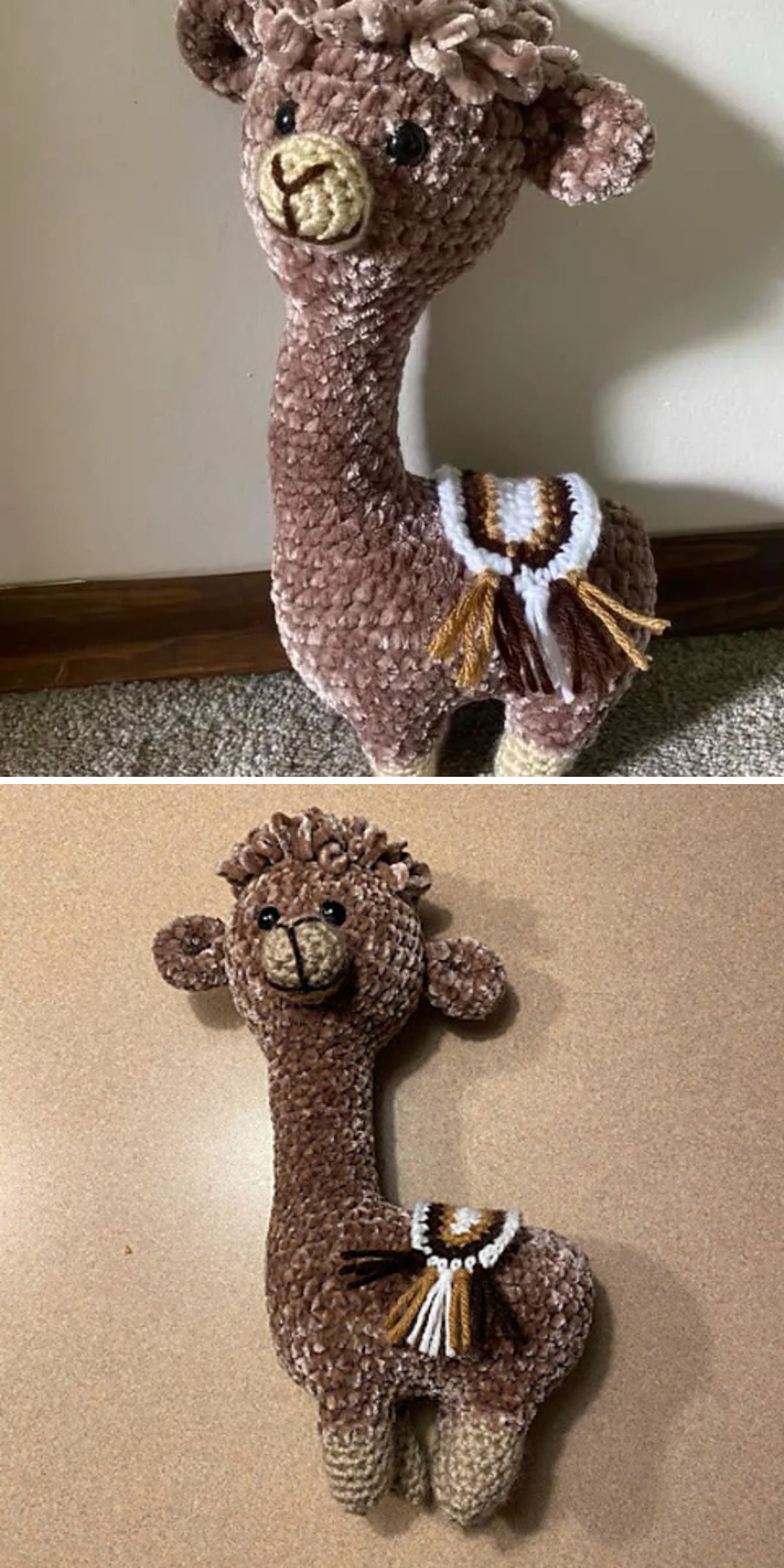 A crochet alpaca plush with a brown and beige body and a small woven saddle, shown standing upright and lying flat.