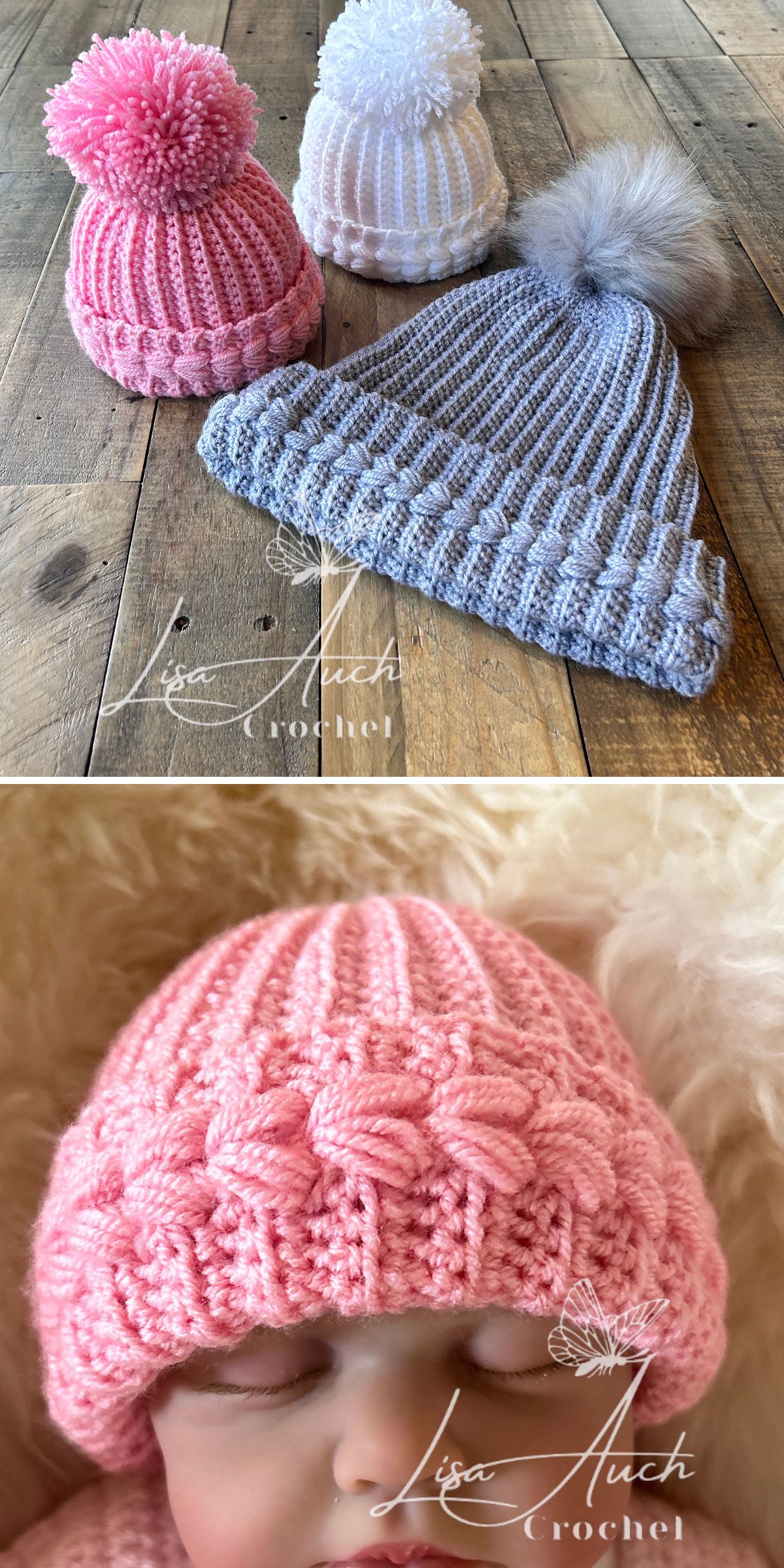 Three crochet baby hats with pom-poms — pink, white, and gray — are displayed on a wooden surface. Below, a baby models the pink hat.