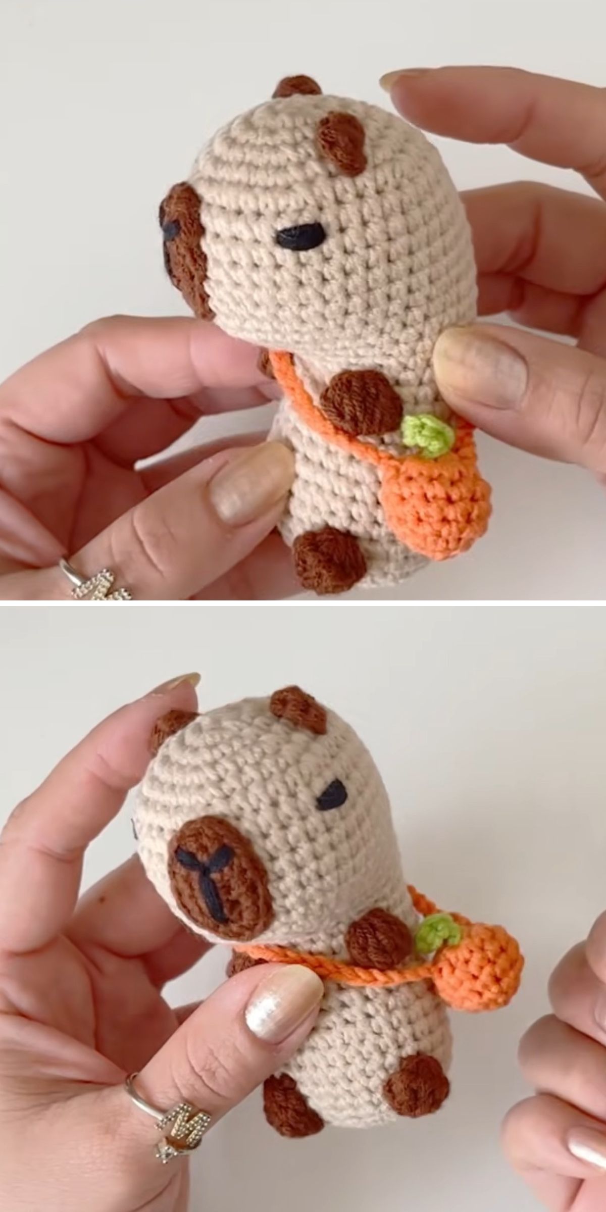 A pair of hands holds a small crocheted capibara with brown spots and an orange bag, shown from two different angles.