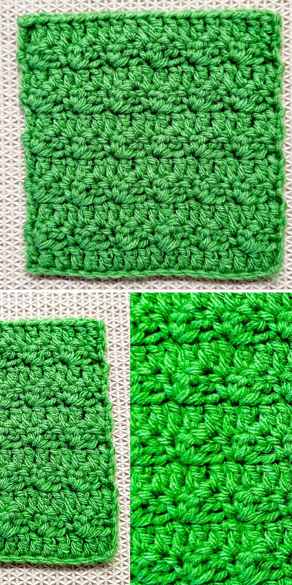 A green crocheted rectangular swatch is displayed on a textured white surface, shown in full, partial, and close-up views to highlight the intricate crochet stitch pattern.