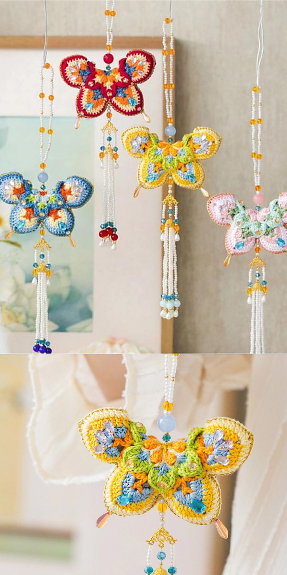 Crochet home decor shines in these crocheted butterfly ornaments with beads and tassels, hanging from strings and shown in close-up against a neutral background.