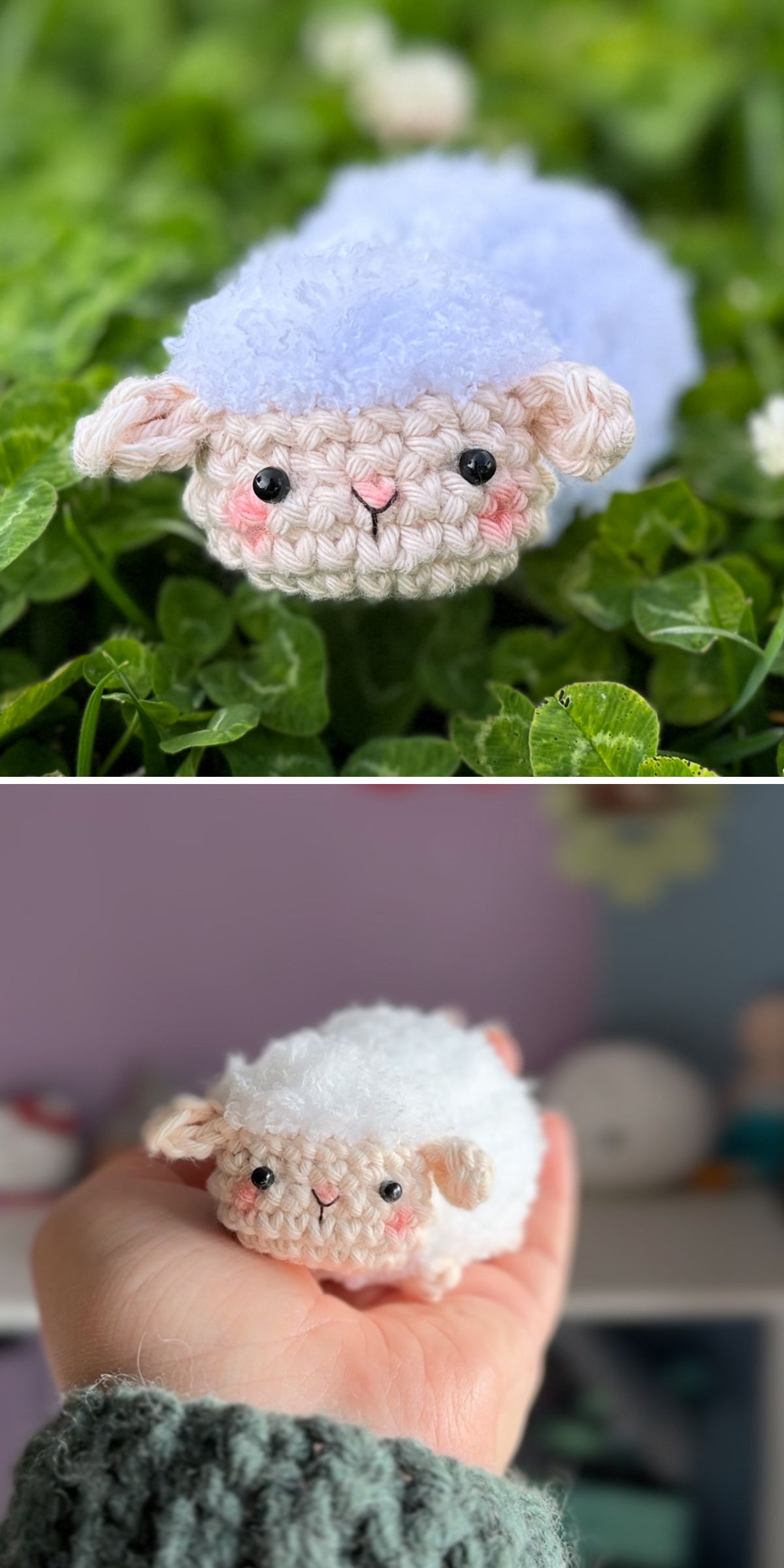 Two photos show a small, crocheted sheep plush toy—similar in style to a crochet llama—with one purple on green leaves outdoors and one white being held in a hand indoors.