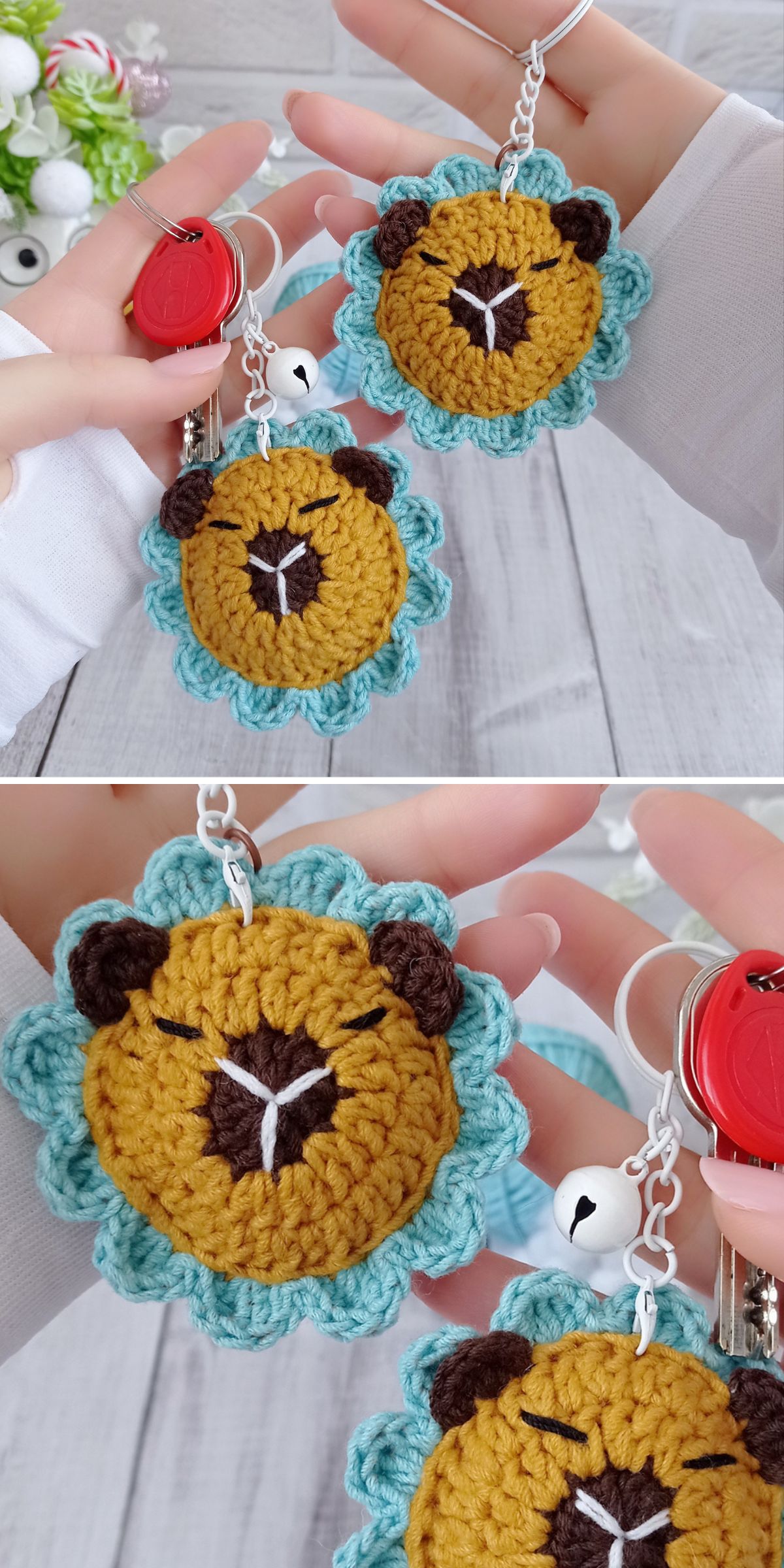 Two photos showing a hand holding crocheted capybara face keychains with blue manes, metal keyrings, and red and white charms.