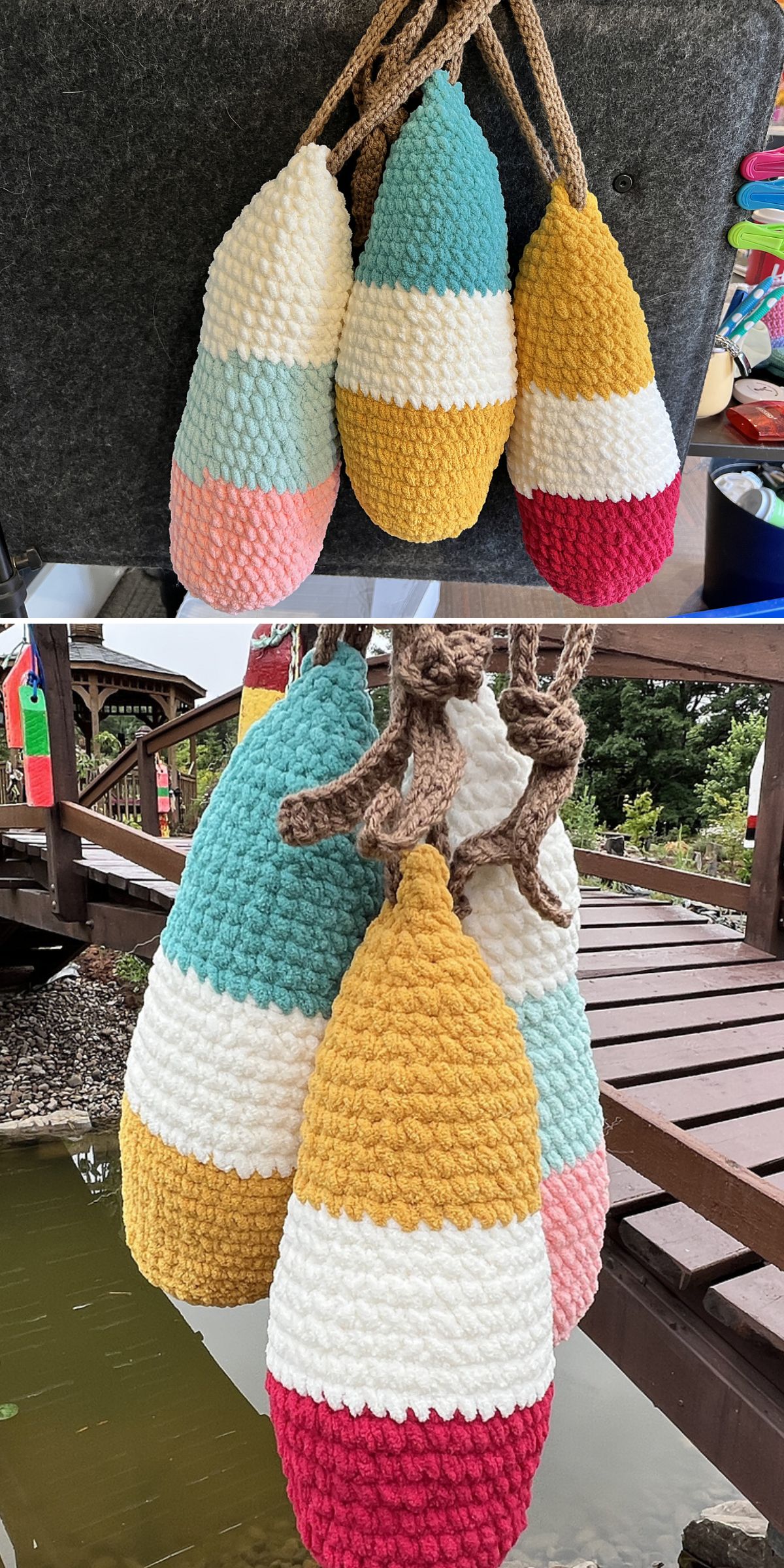 Two images show crocheted, multicolored hanging buoys with rope loops. Featuring horizontal color bands, these crochet home decor pieces appear textured and soft, adding a playful touch to any space.