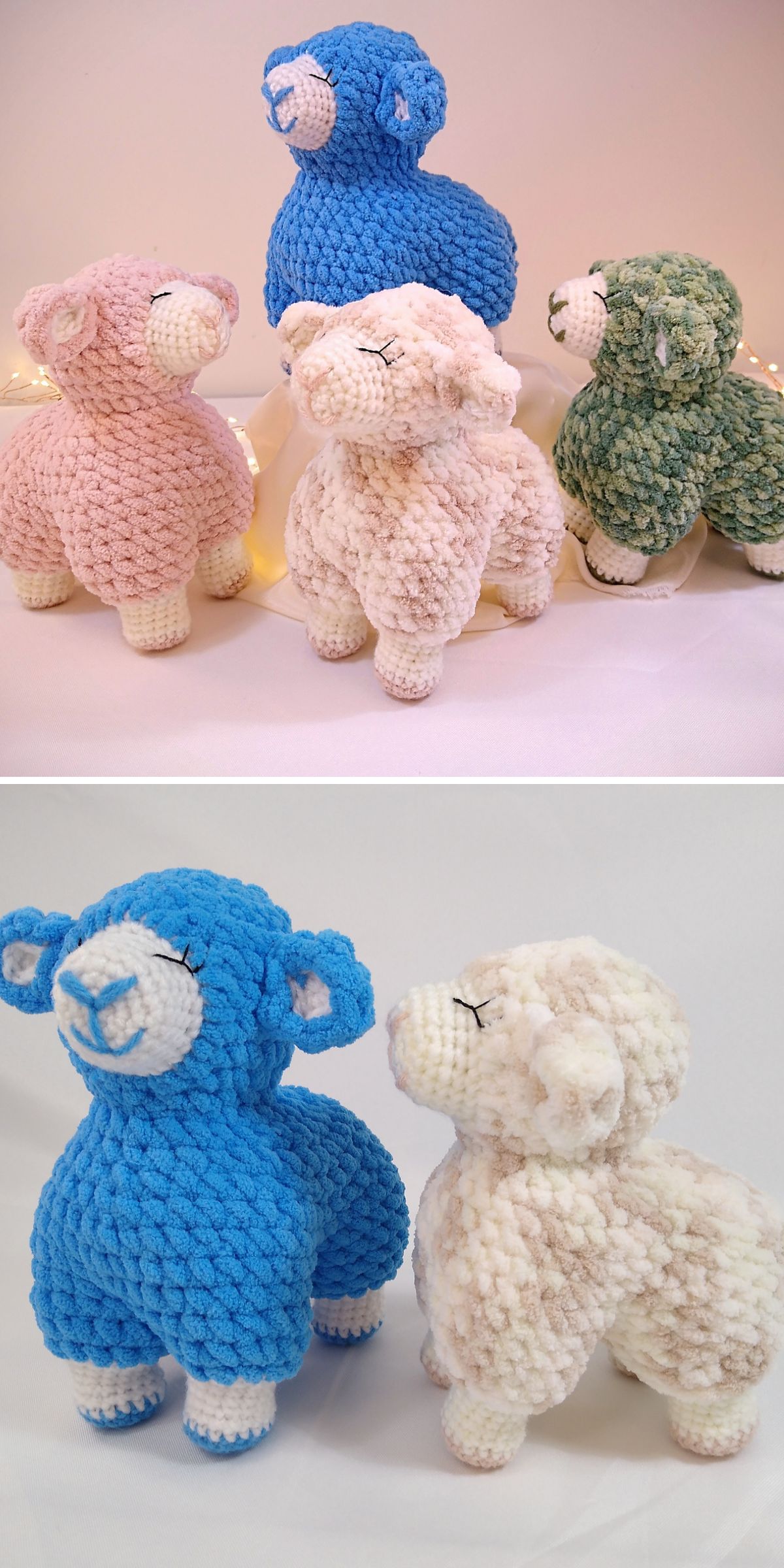 Four crocheted plush sheep in pastel blue, pink, green, and white colors are displayed on a white surface, accompanied by a close-up of the blue and white sheep below