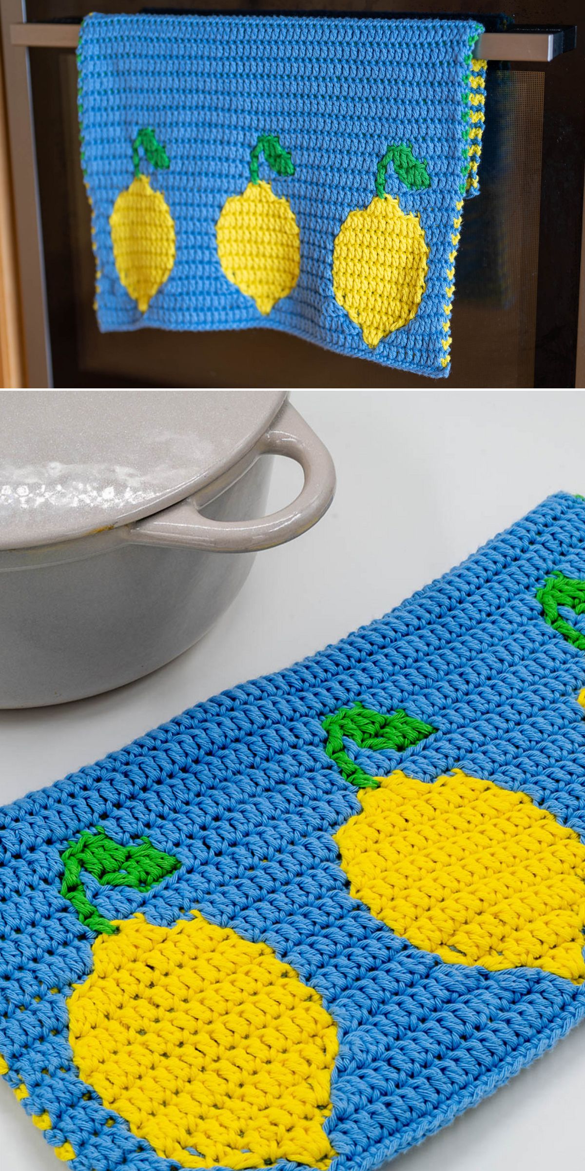 A blue crochet towel adorned with yellow lemon designs, shown hanging on an oven door and lying flat beside a pot.