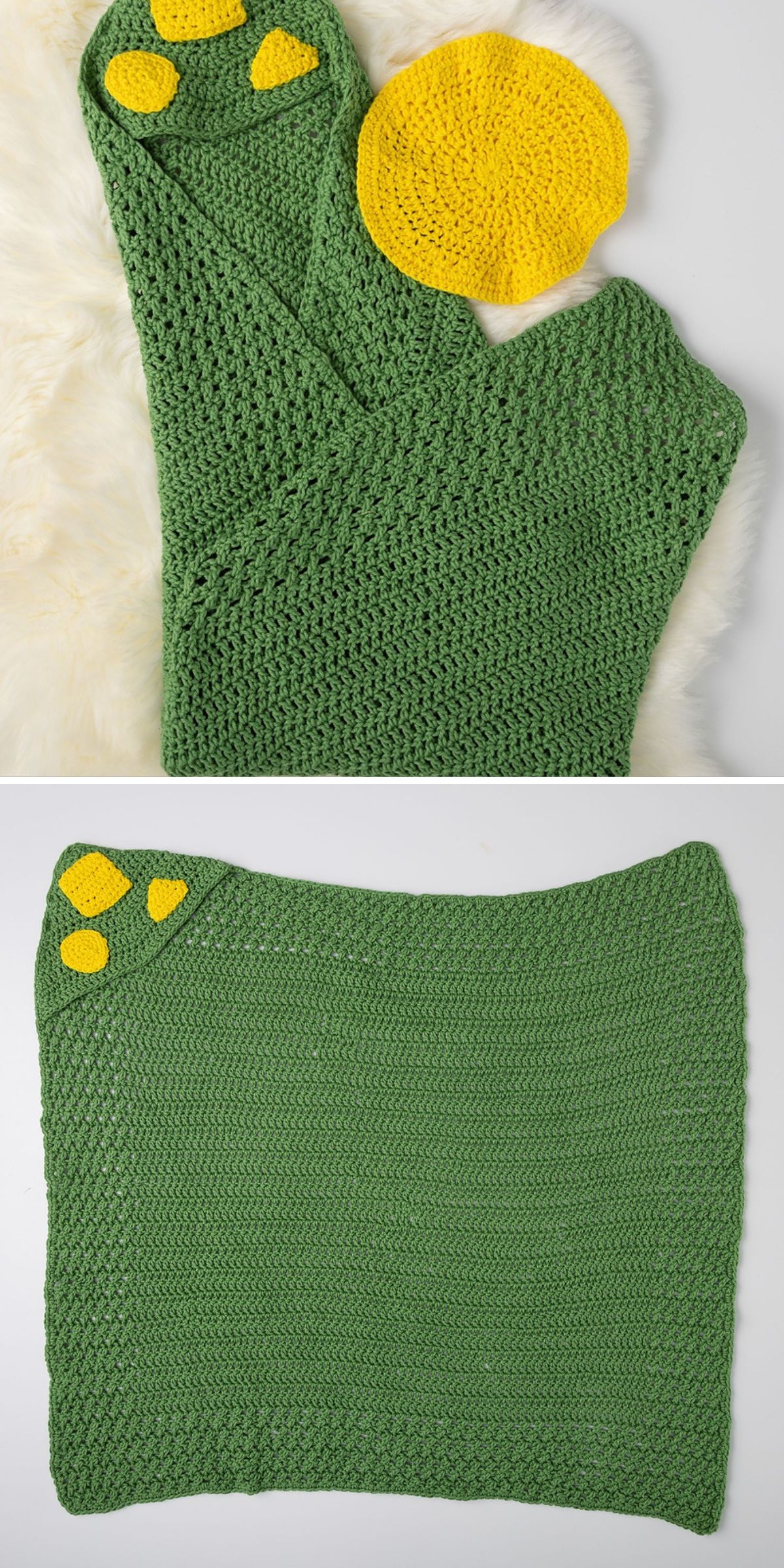 Two images show a crocheted green baby bath towel with yellow paw prints in one corner, alongside a separate round yellow crochet towel, all laid out on a white surface.
