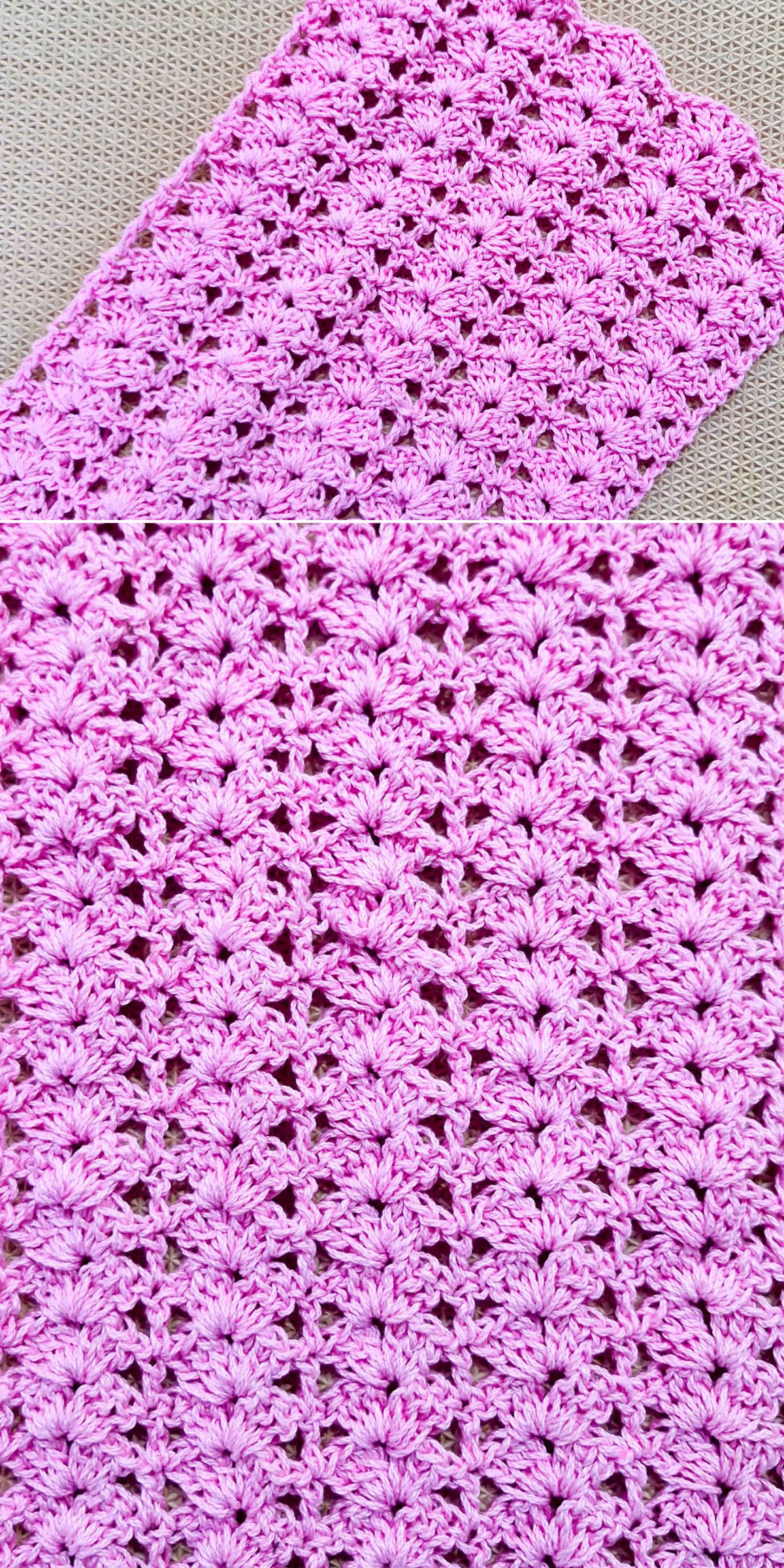 Close-up of a hand-crocheted pink lace table runner with a repeating scalloped pattern, displayed on a neutral background — perfect inspiration for crochet placemat ideas.