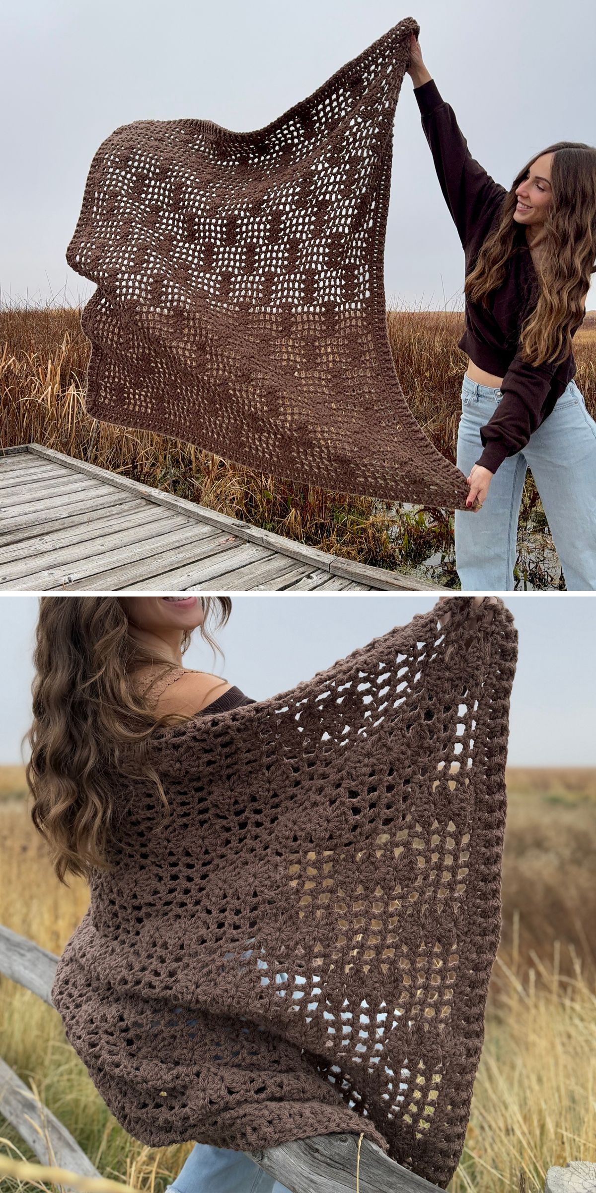 A woman holds and displays a brown filet crochet blanket with a cutout design resembling a human side profile, outdoors in a marshland setting.