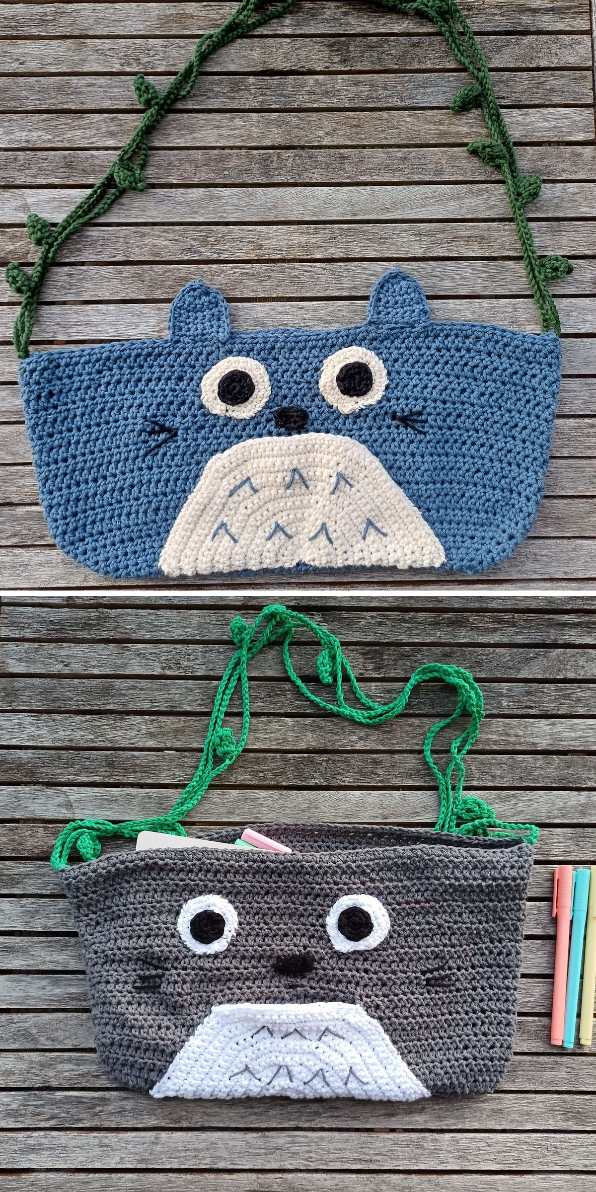 Two crochet tote bags with Totoro-inspired designs rest on a wooden surface, each featuring green, vine-like shoulder straps and charming facial features on the front.