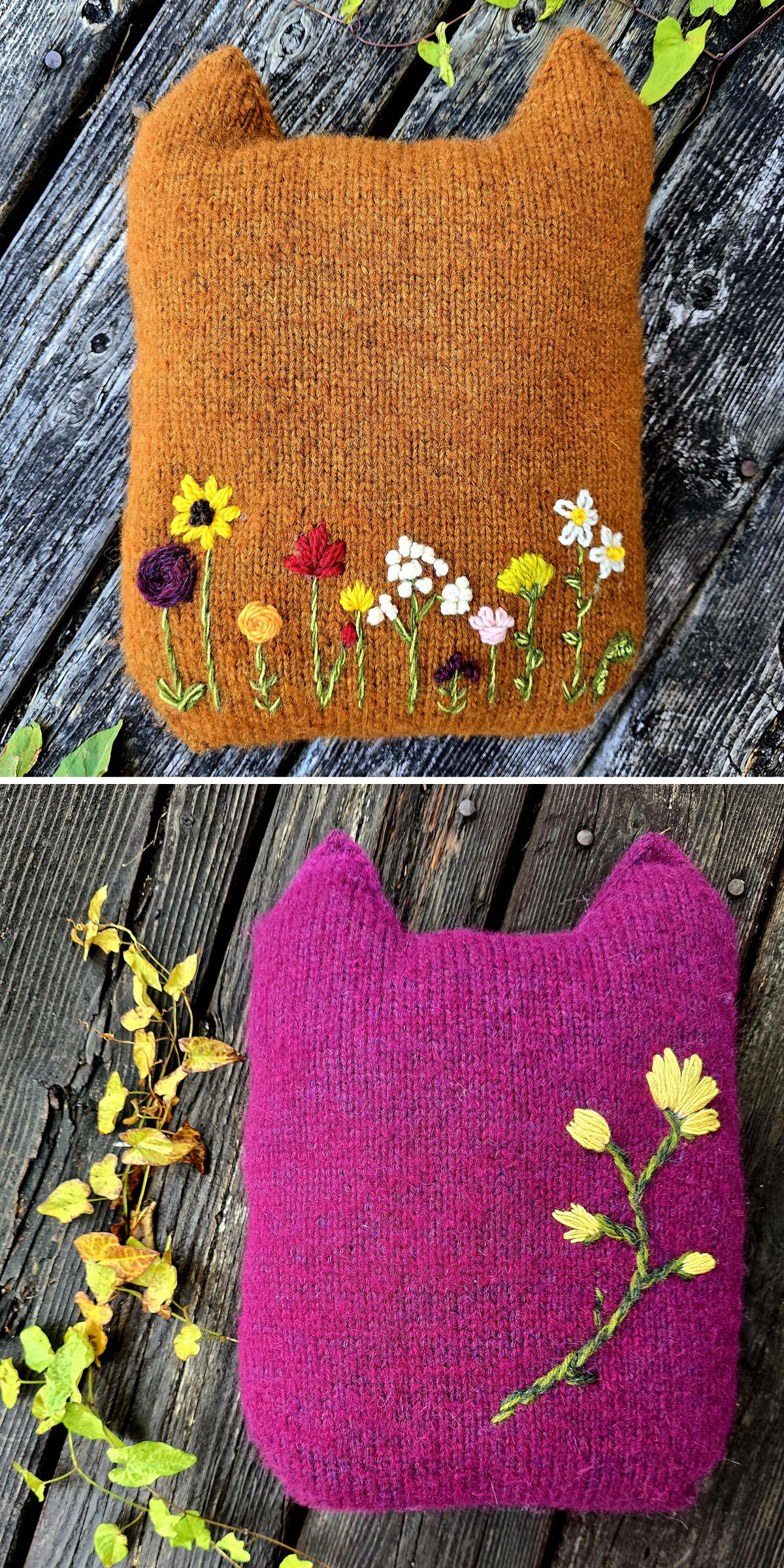 a knitted pillow shaped like a cat with lovely flower embroidery