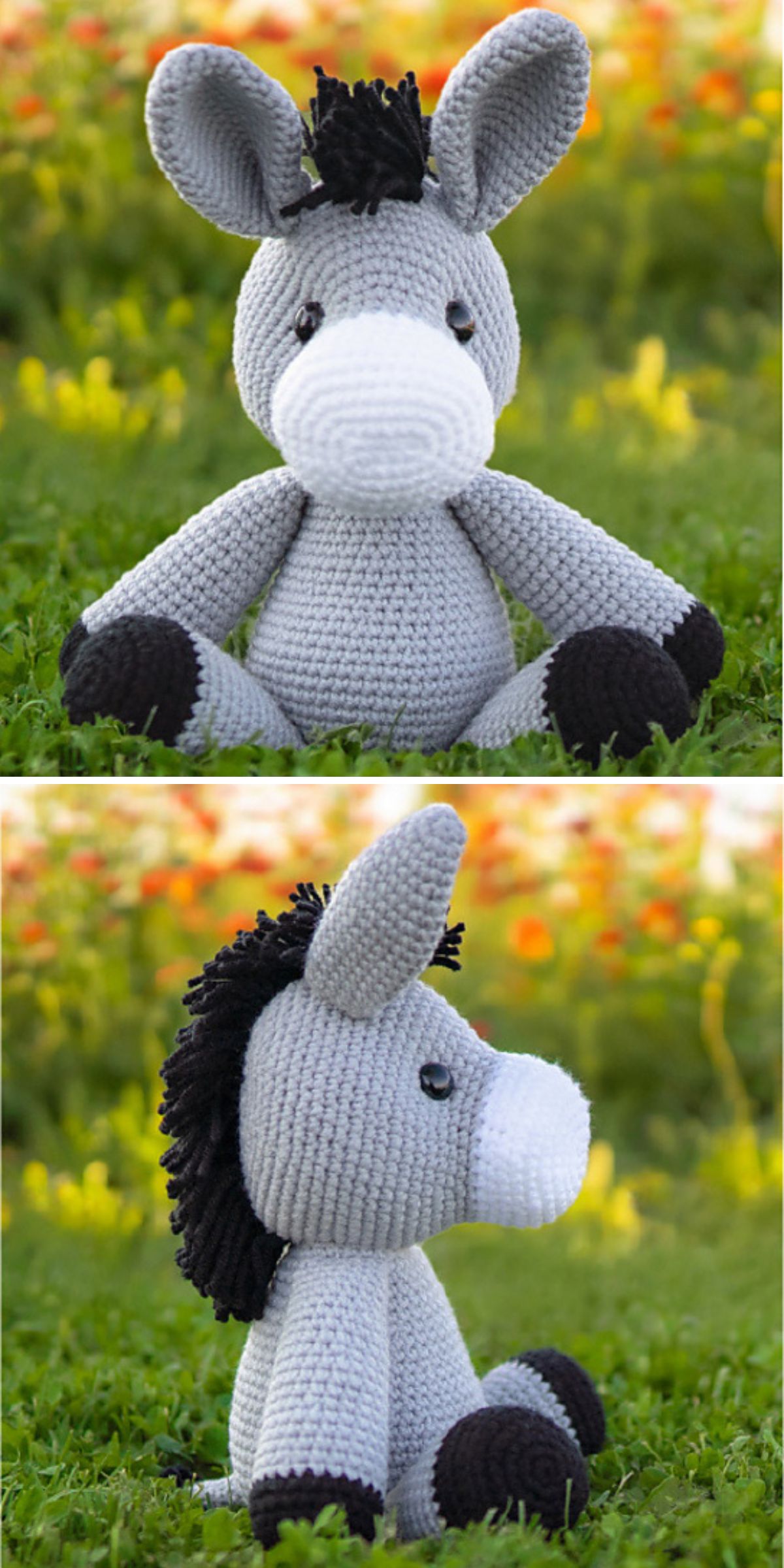 Two views of a amigurumi donkey plush, with a black mane, hooves, and tail, sitting on grass with flowers in the blurred background.
