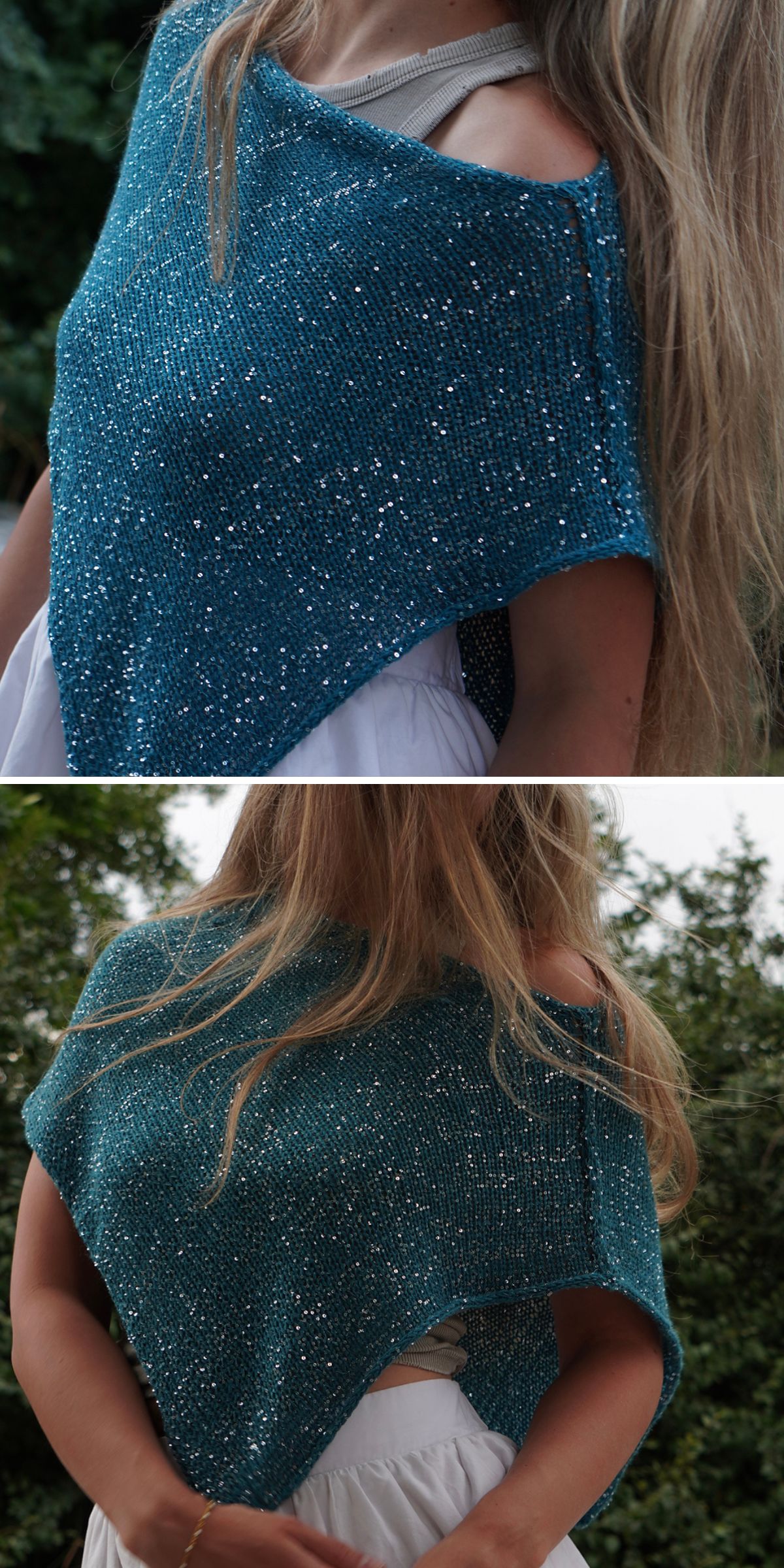 A person wearing a sparkly, teal, knitted poncho from our knitted ponchos collection over a white outfit, shown from the front and back outdoors.
