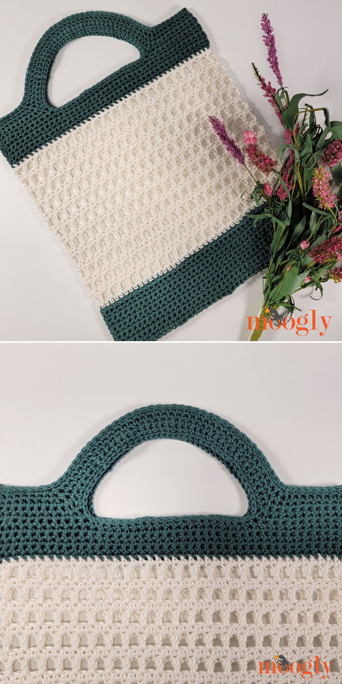 A crocheted tote bag with green handles and trim and a white mesh body, shown next to pink flowers on a white surface.