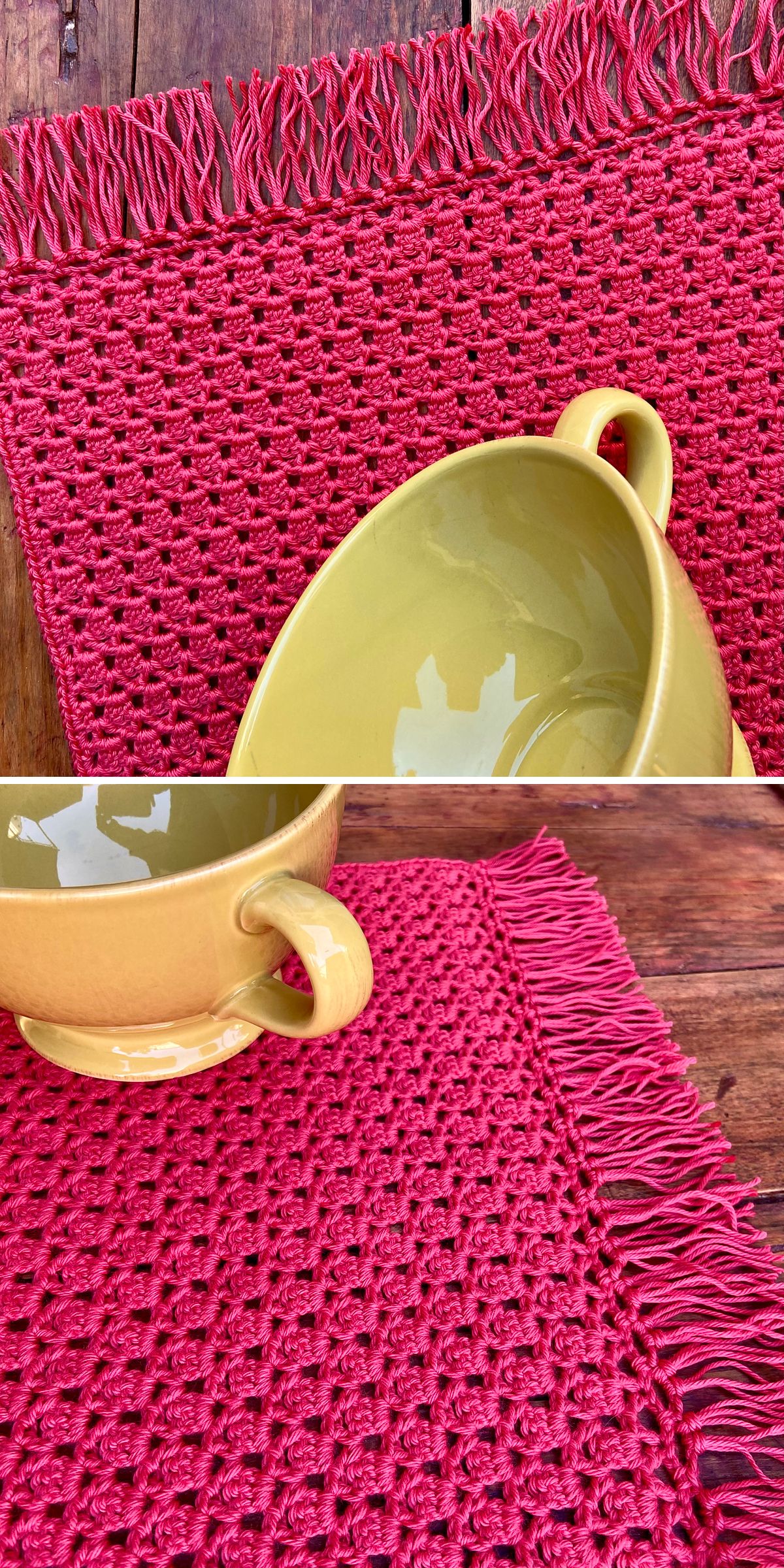 A yellow ceramic cup on a pink fringed crochet placemat, placed on a wooden surface—perfect inspiration for your next Crochet Placemat Ideas.
