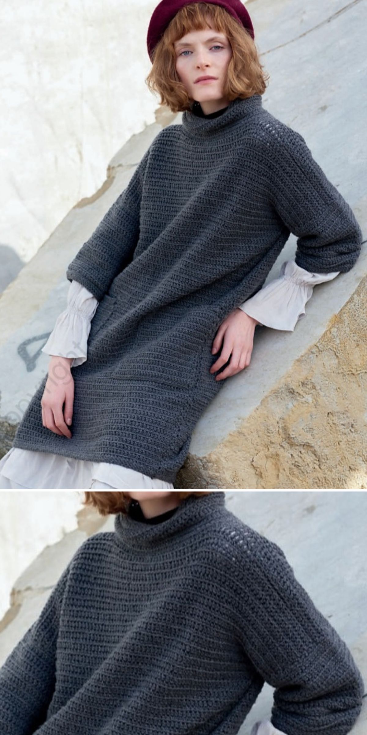 A person in a textured, long-sleeved crochet dress with a high neck sits on a sloped concrete surface, wearing a white shirt underneath and a red hat.