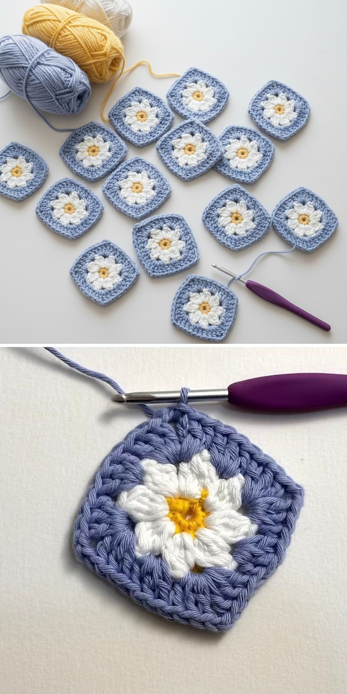 Two images show Crochet Flower Square granny squares with a white and yellow flower center and blue border, yarn balls, and a purple crochet hook placed on a white surface.