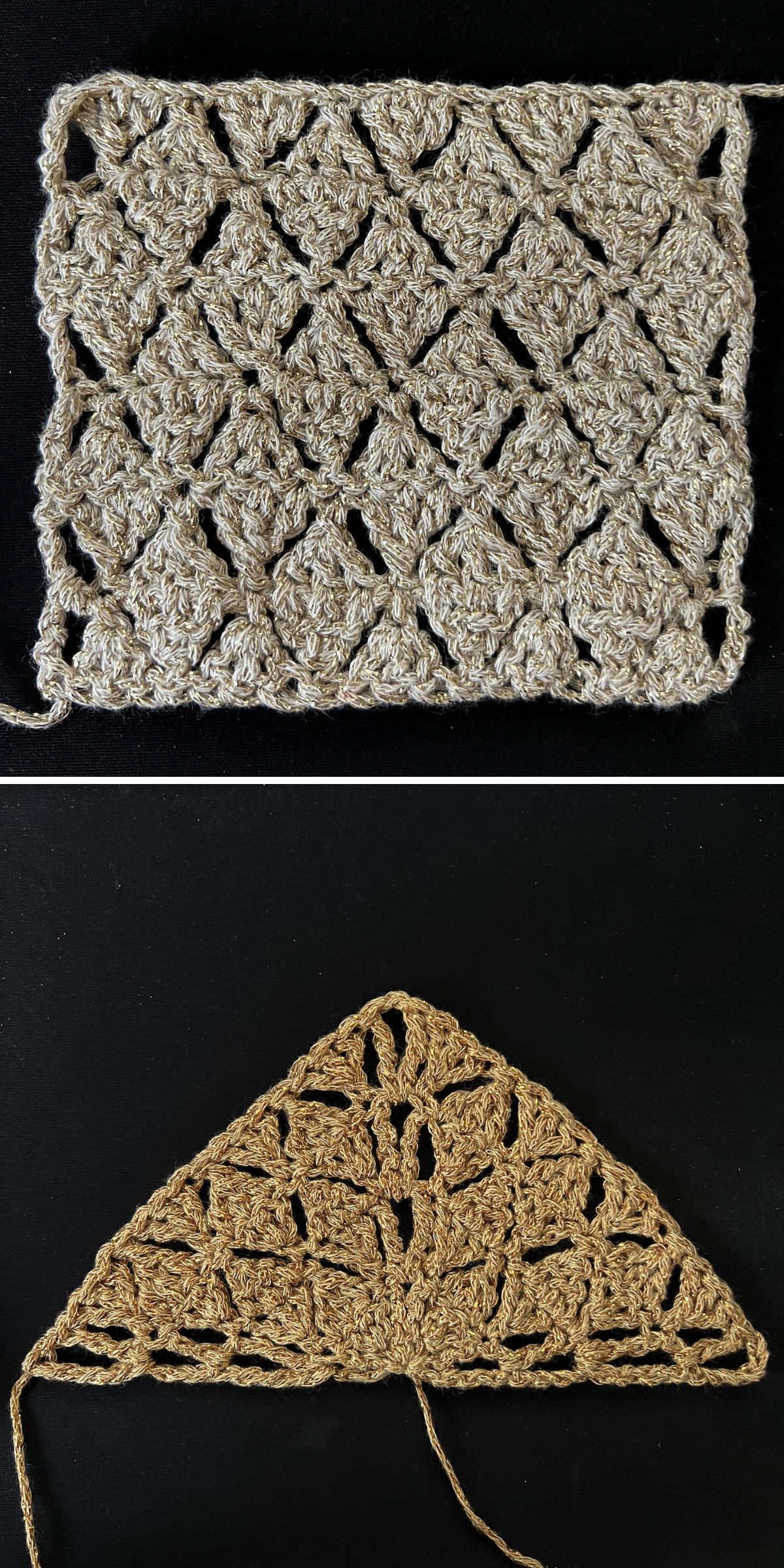 Two crochet swatches on a black background showcase intricate crochet stitch work: the top swatch is a beige rectangular lace pattern, while the bottom features a matching triangular lace design.