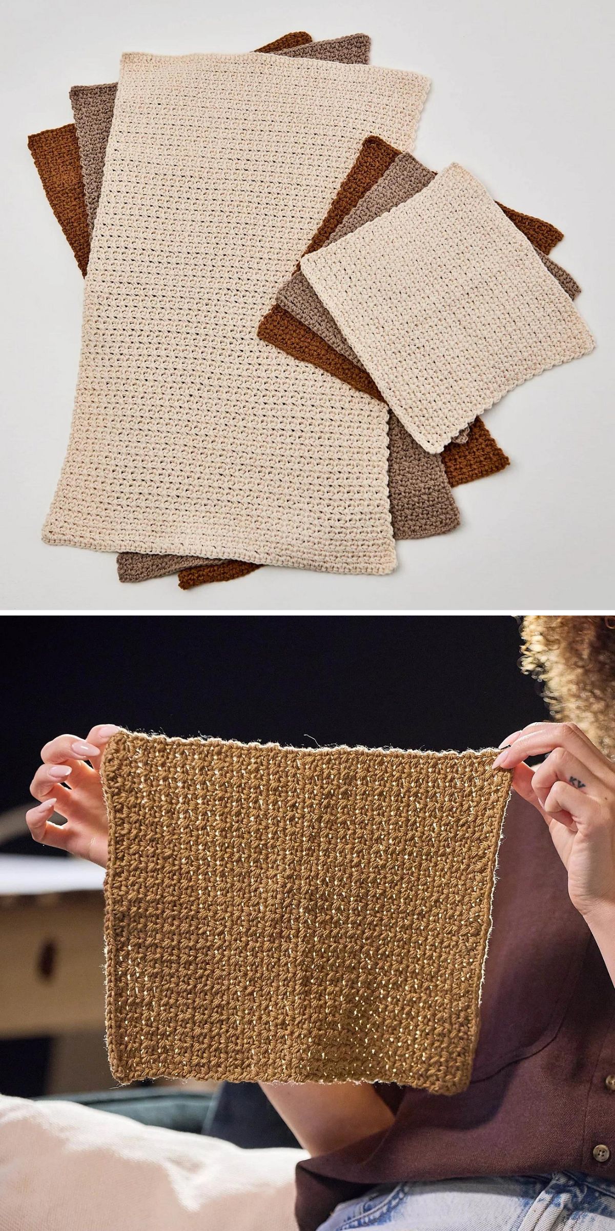 A set of four crochet towel washcloths in beige, brown, and tan tones is displayed stacked, with one brown cloth held up by two hands.