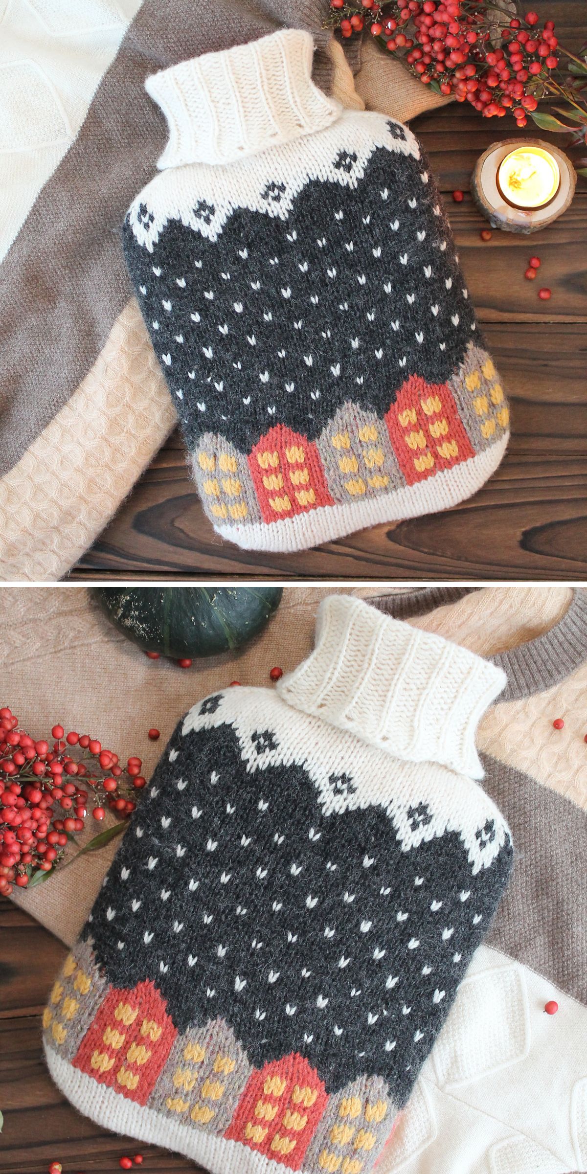 A hot water bottle with a knitted cover featuring a winter village scene, made using charming water bottle cover knitting patterns, rests on a textured blanket near berries and a glowing candle.