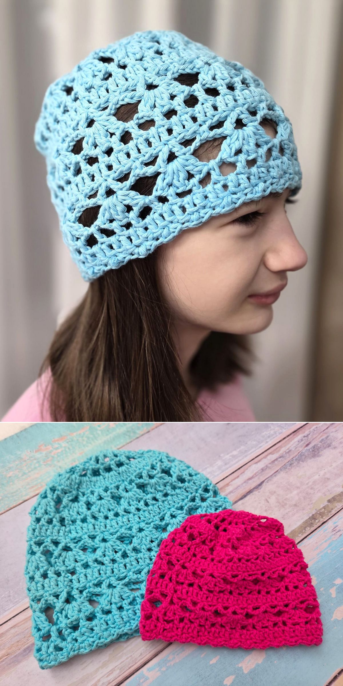 A person wears a light blue crochet baby hat; below, two crochet baby hats — one blue and one pink — are laid flat on a wooden surface.