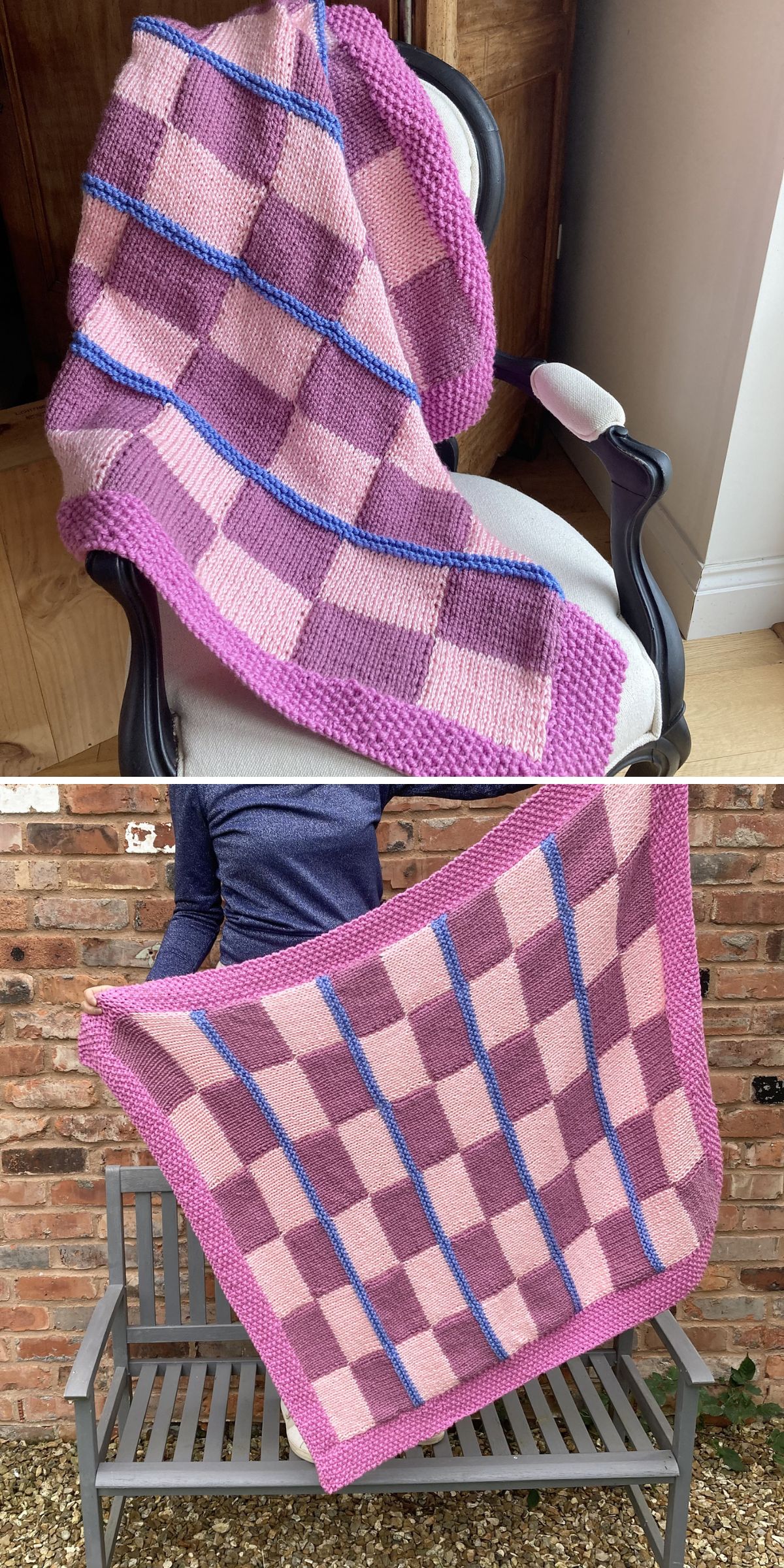 A pink and purple checkered knit blanket with blue stripes and a textured border is draped over a chair in one image and held up outdoors in another.