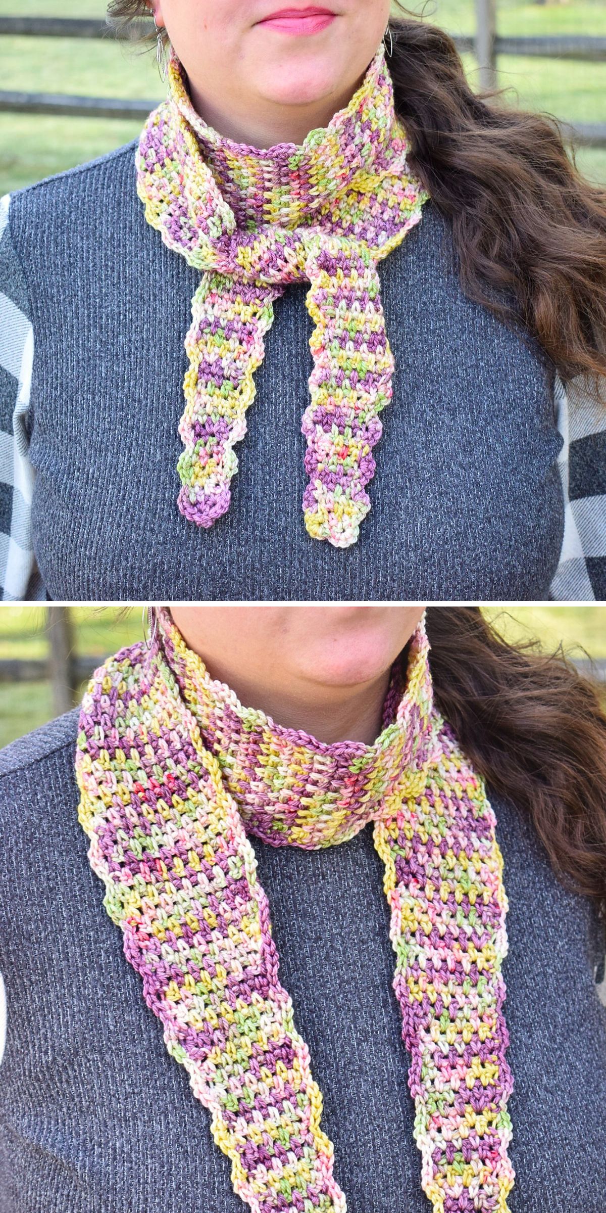 a woman in a lovely crochet skinny scarf demonstrates it in different ways