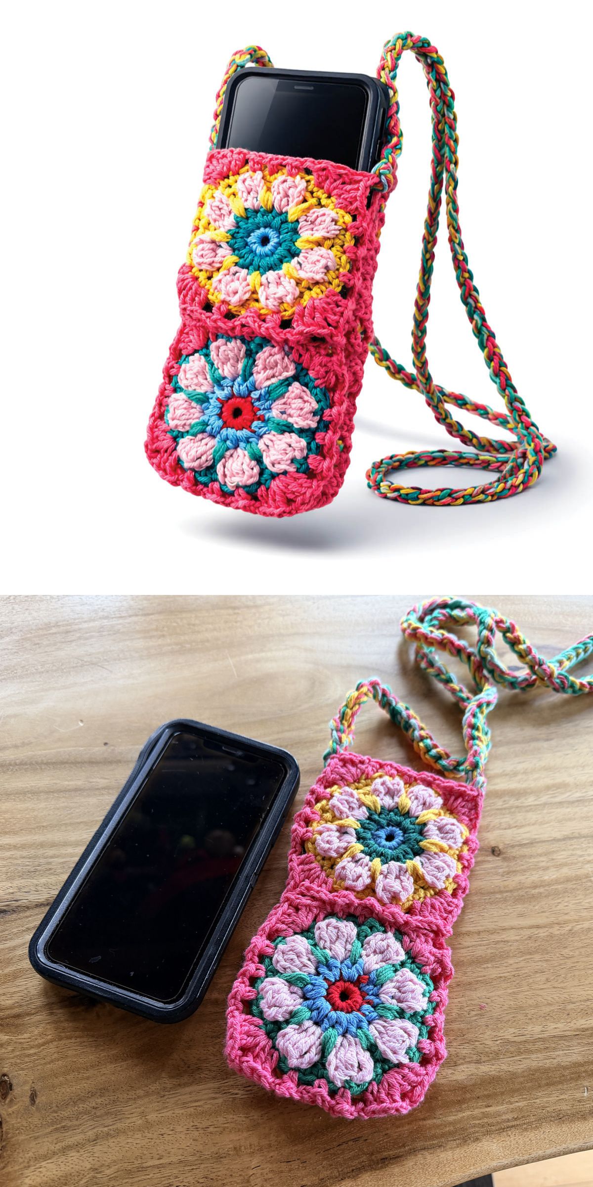 A black smartphone in a colorful crochet phone pouch with a braided strap. This unique pouch, a charming alternative to standard phone cases, is displayed both with and without the phone on a table.