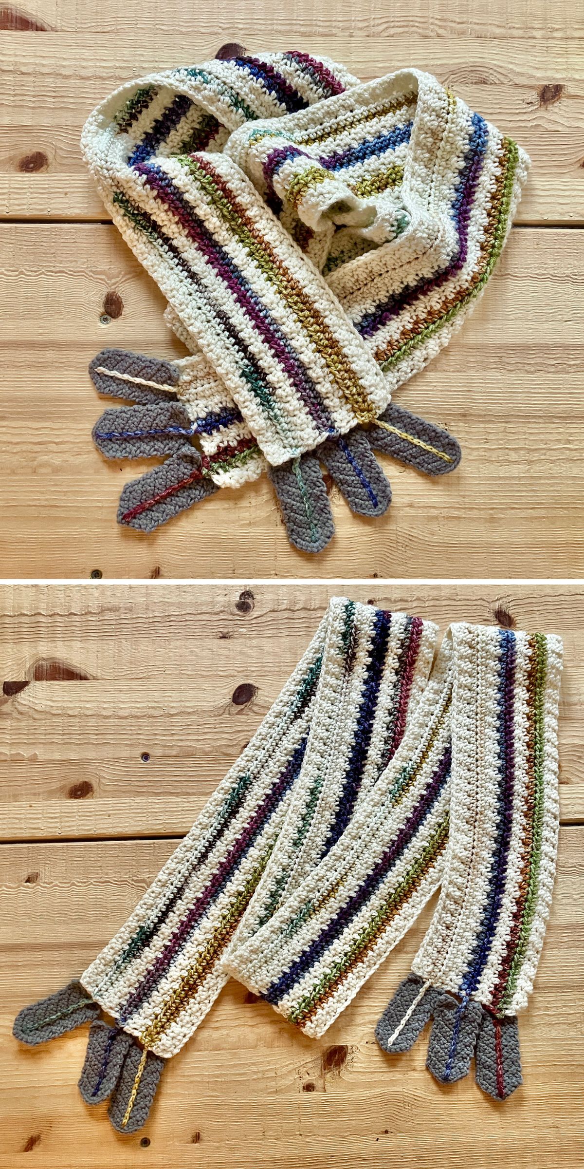 A crochet skinny scarf featuring multicolored stripes and three small, leaf-shaped ends on each side, displayed on a wooden surface.