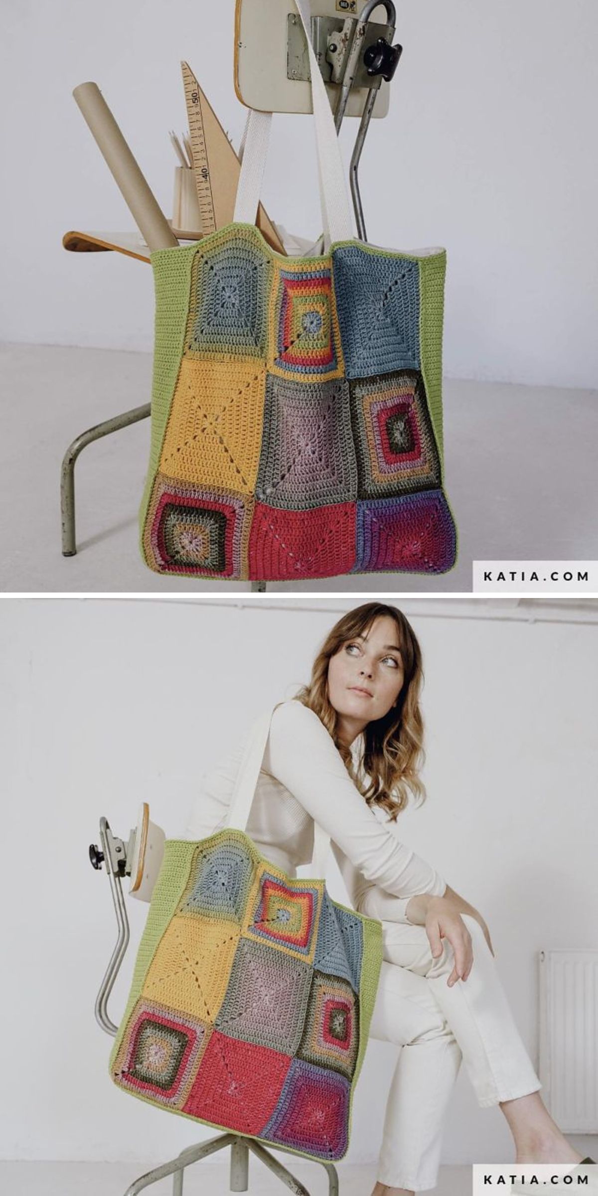 A crochet tote bag with patchwork, multicolored square patterns hangs on a chair; in the second image, a woman sits beside the vibrant crochet tote bag.