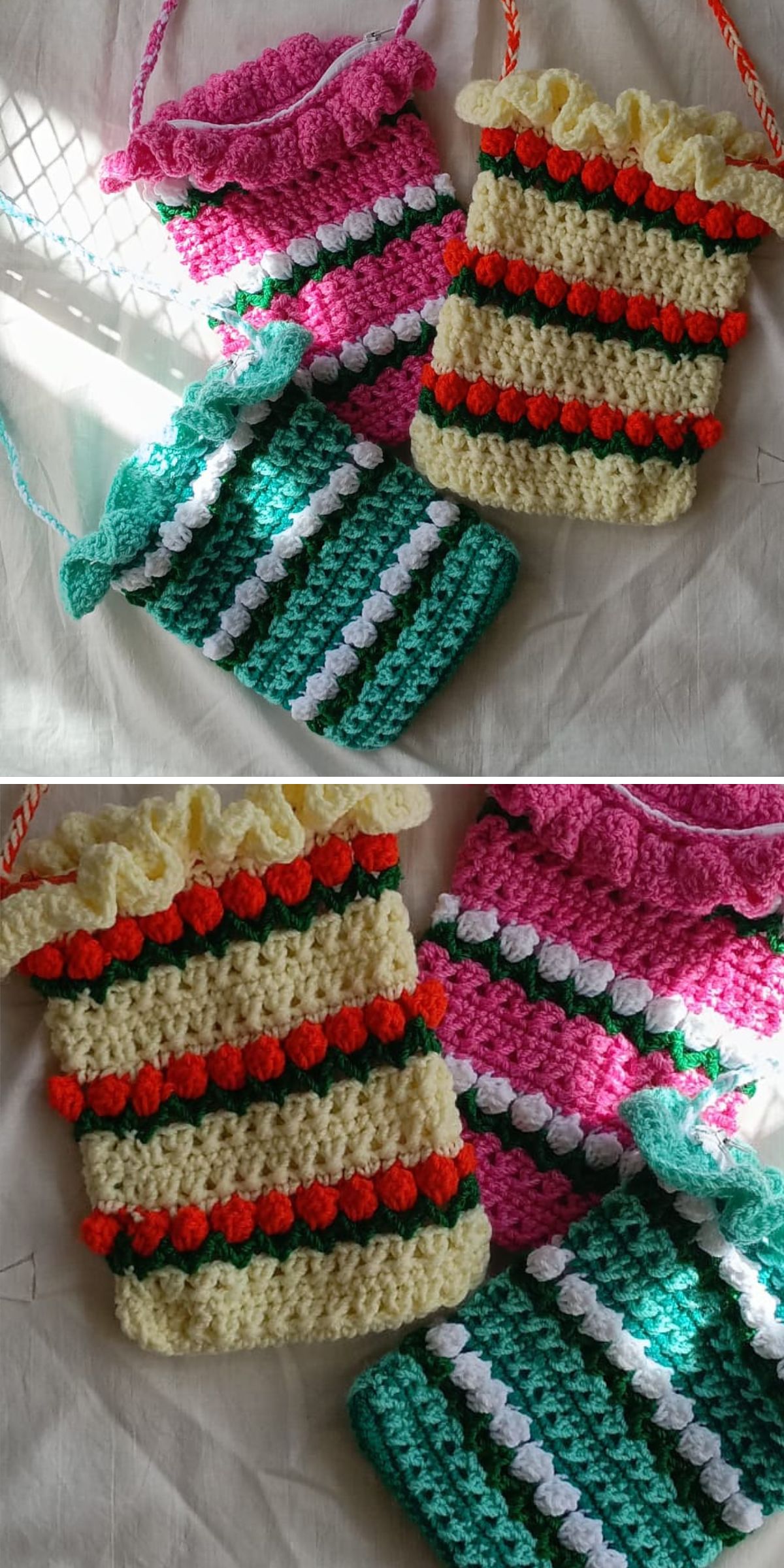 Four small, colorful crocheted phone cases with frilled edges and striped floral patterns are displayed on a light fabric background.