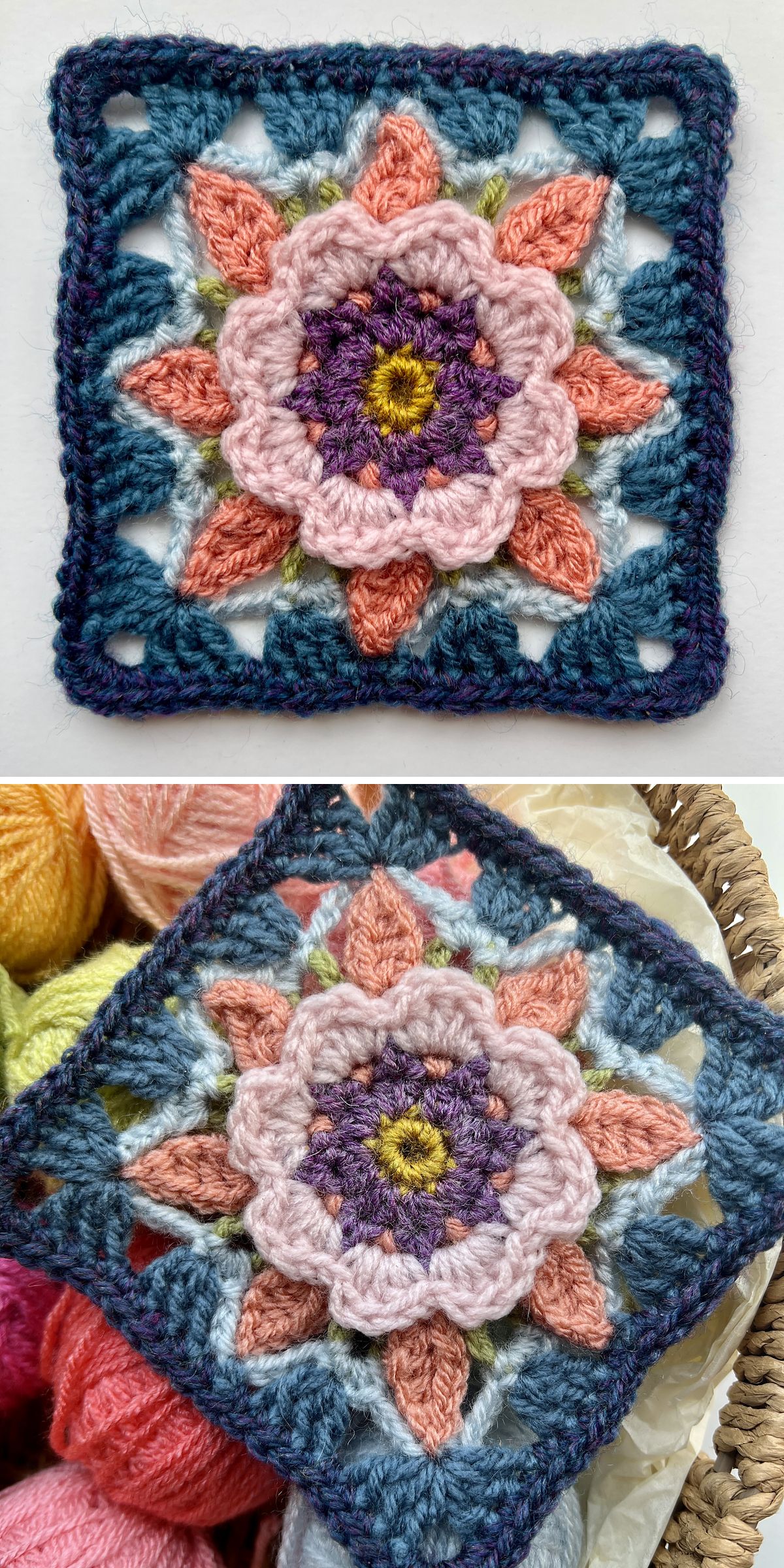 A colorful Crochet Flower Square with a floral pattern, featuring pink, purple, yellow, and blue yarns, is shown flat and held above a basket of yarn.