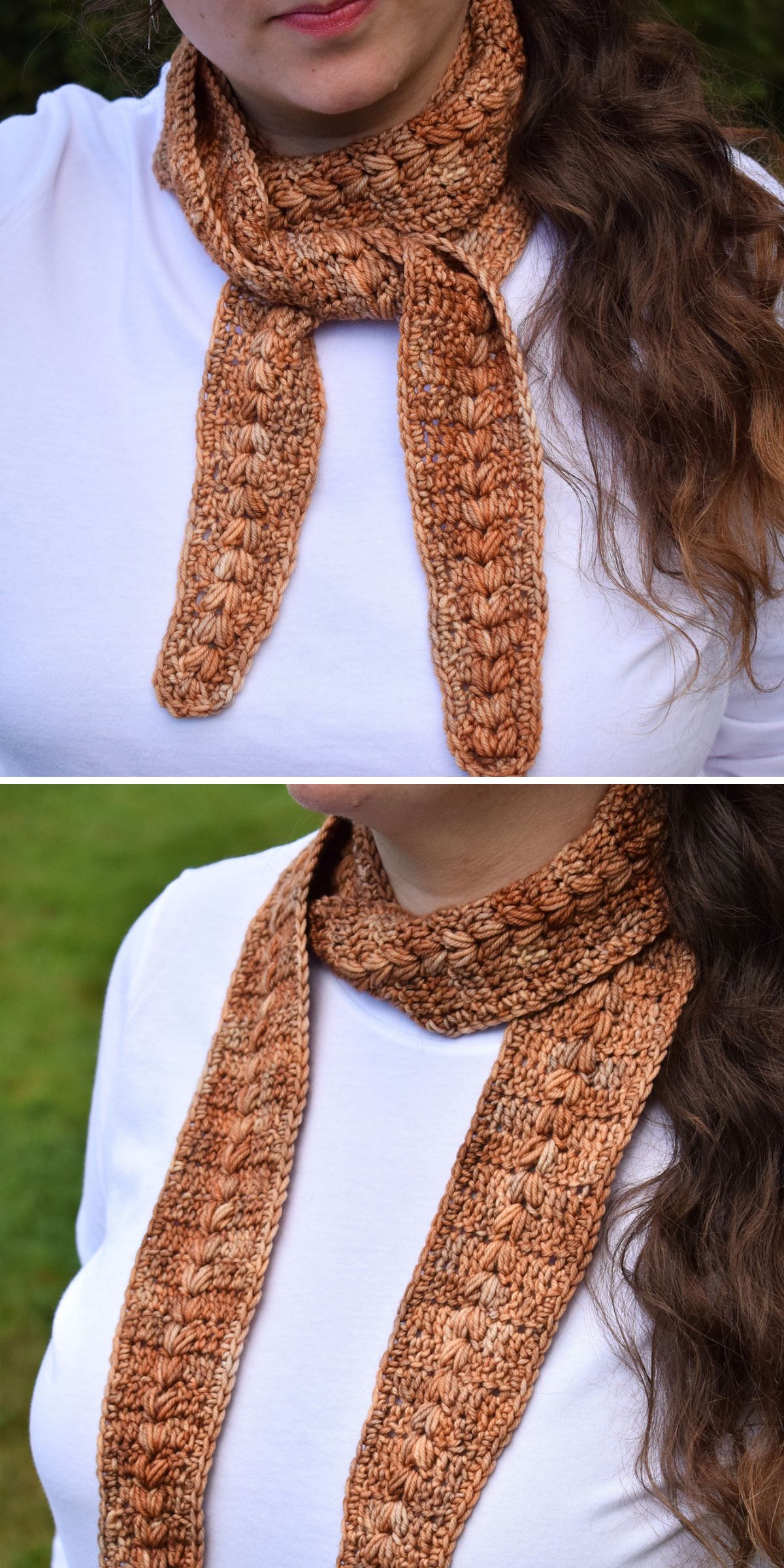 Two images showing a person wearing a textured, hand-knitted brown crochet scarf tied around the neck, paired with a white shirt.