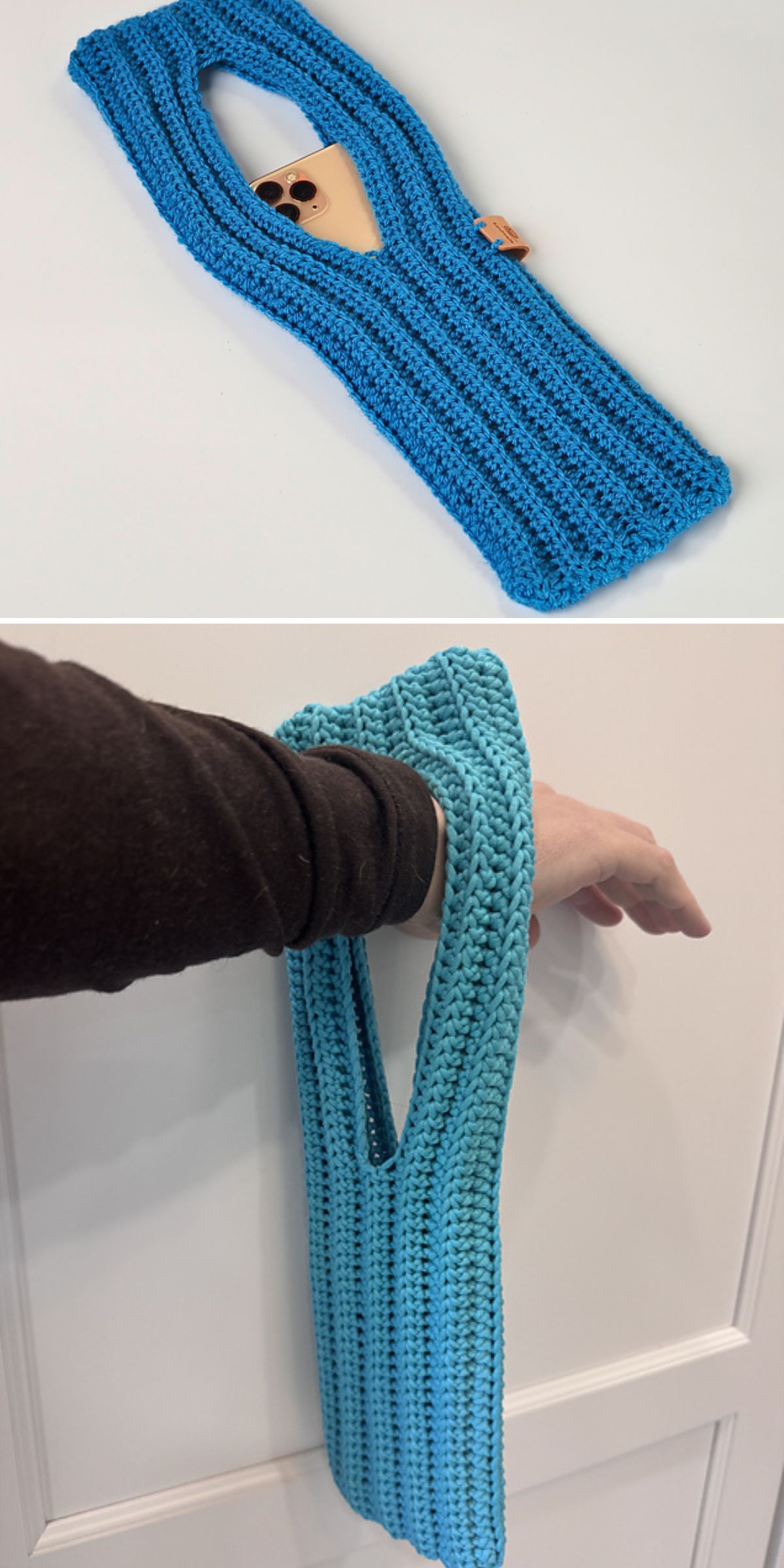 Two images show a blue crocheted holder, similar in style to handmade phone cases, with a long handle for carrying and storing a wooden spatula and utensils. In one image, the holder hangs from a person's arm.