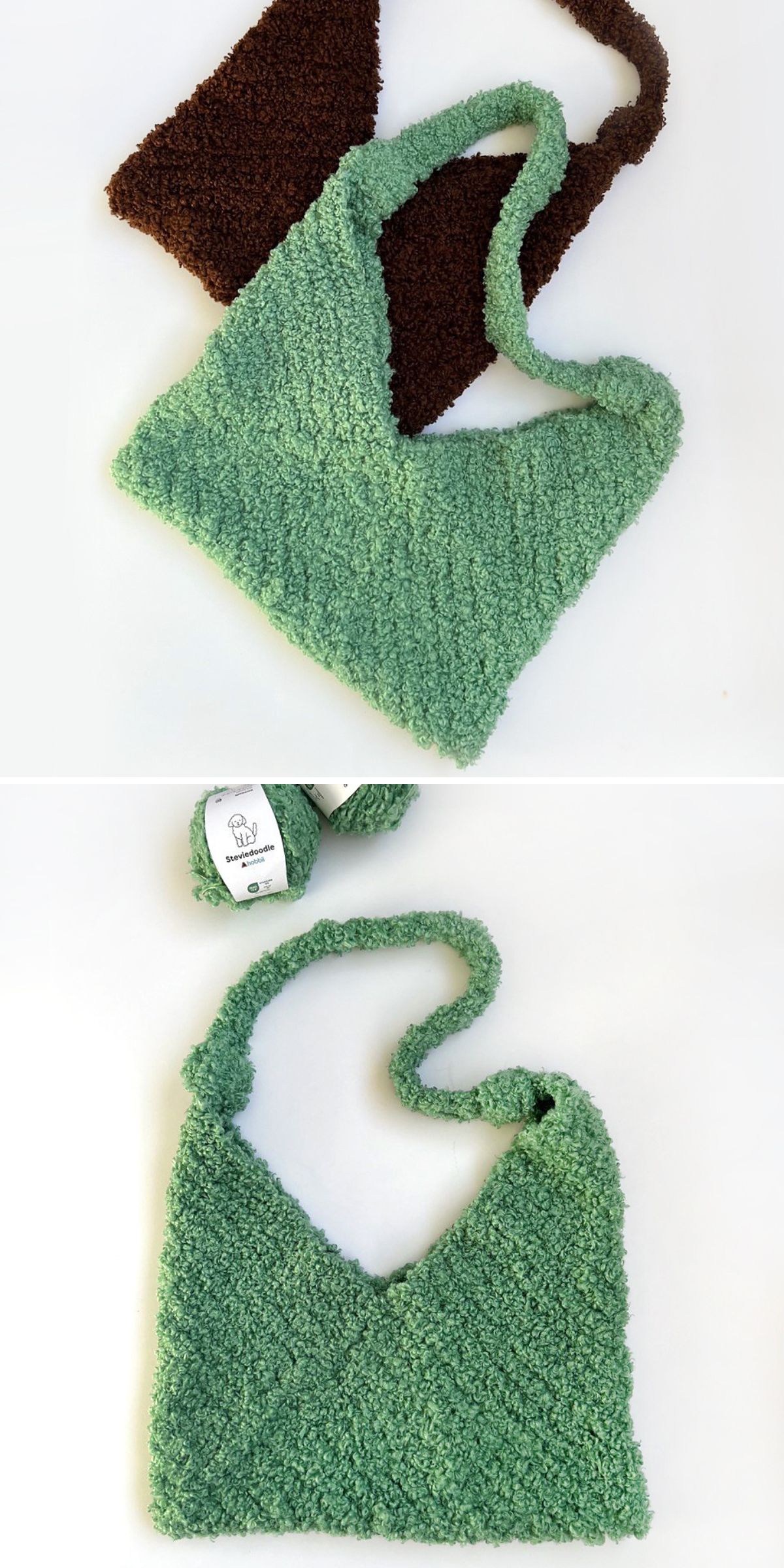 Two textured, handmade crochet tote bags crafted from soft, boucle-like yarn; one is mint green and the other is brown. Close-up below shows the green bag with a tag displaying brand and care instructions.
