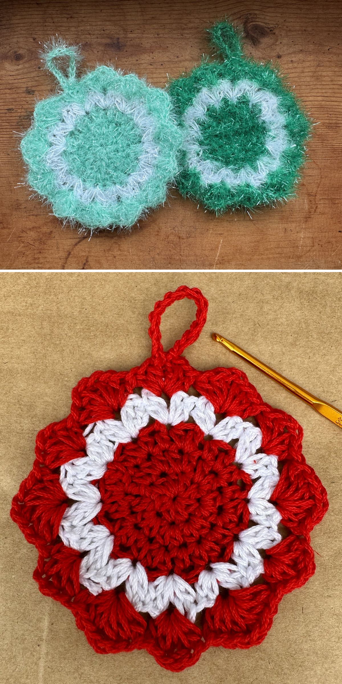 Top: Two round green and white crocheted scrubbies. Bottom: A red and white crocheted flower scrubby with a crochet hook beside it — perfect additions to your crochet spa essentials.