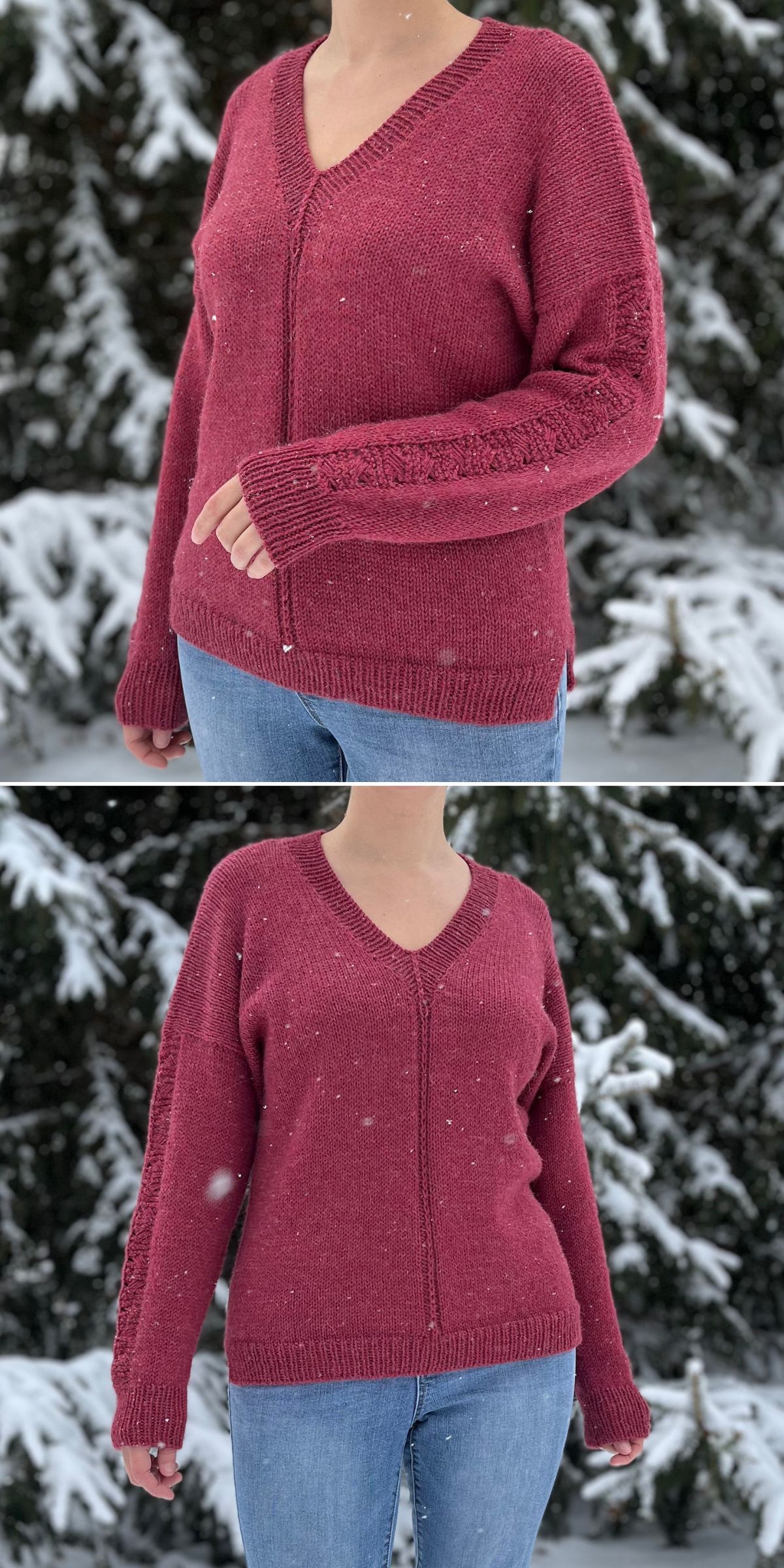 A person wearing a long-sleeved, V-neck, dark pink sweater—featuring classic knitting patterns for sweaters—and blue jeans stands outdoors in front of snow-covered trees.