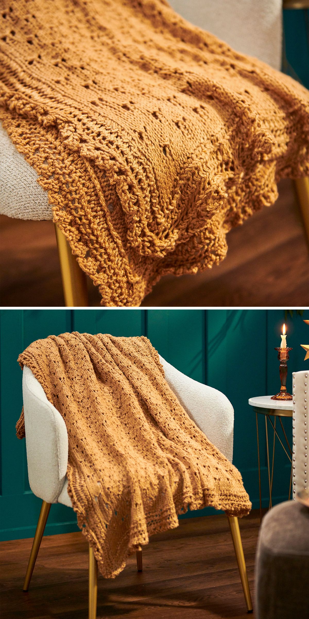 A mustard yellow knitting blanket with a textured pattern is draped over a white, modern armchair with gold legs in a cozy room.