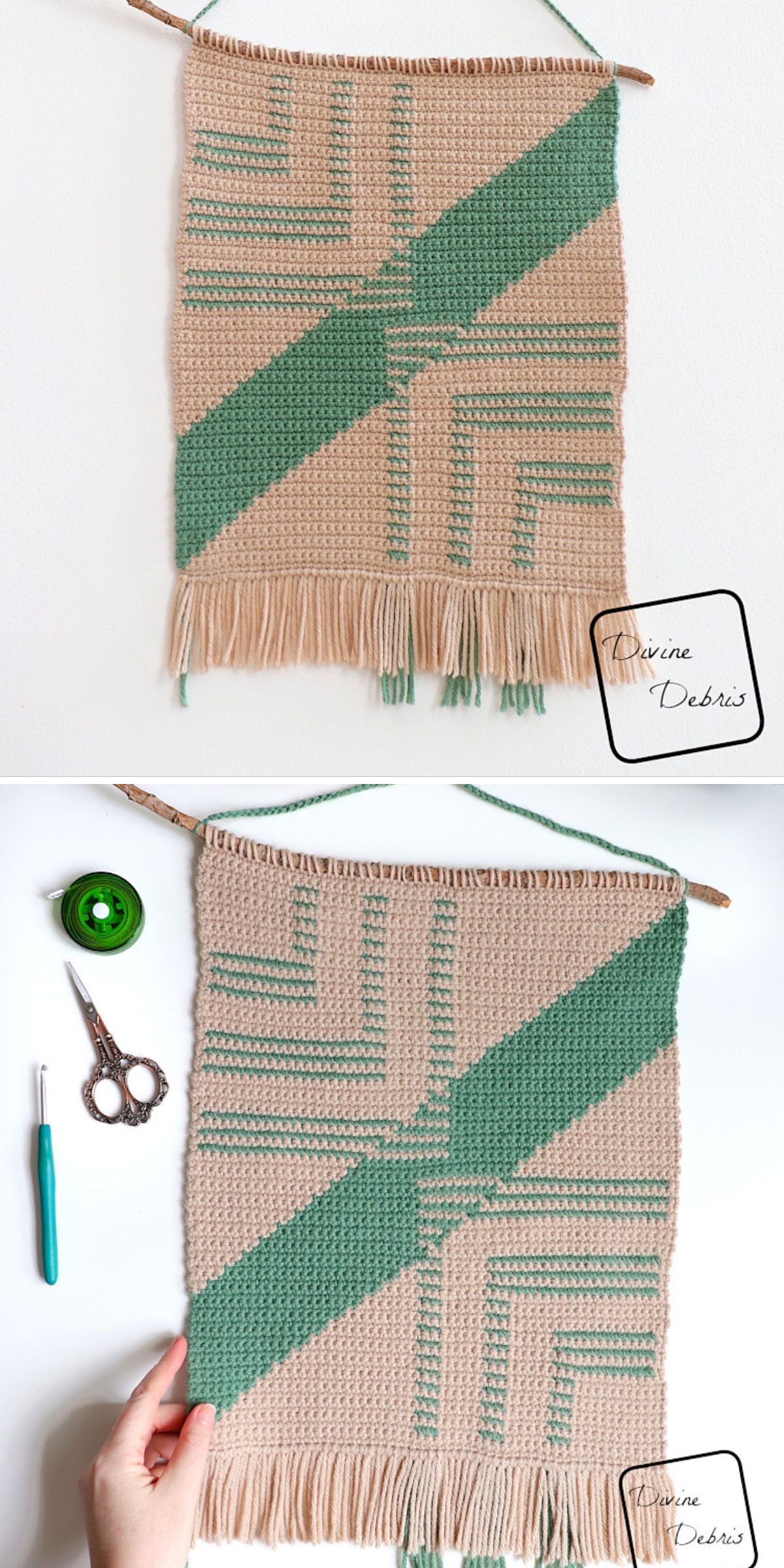 A geometric crochet home decor wall hanging with beige and green lines, featuring fringe at the bottom and displayed with crafting tools.