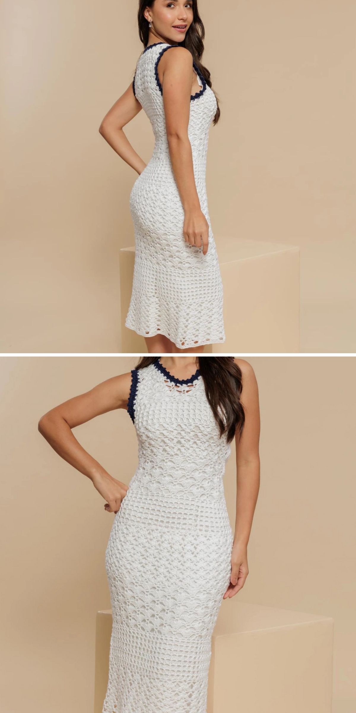 A woman modeling a sleeveless, white crochet dress with a slightly flared hem stands against a beige background.