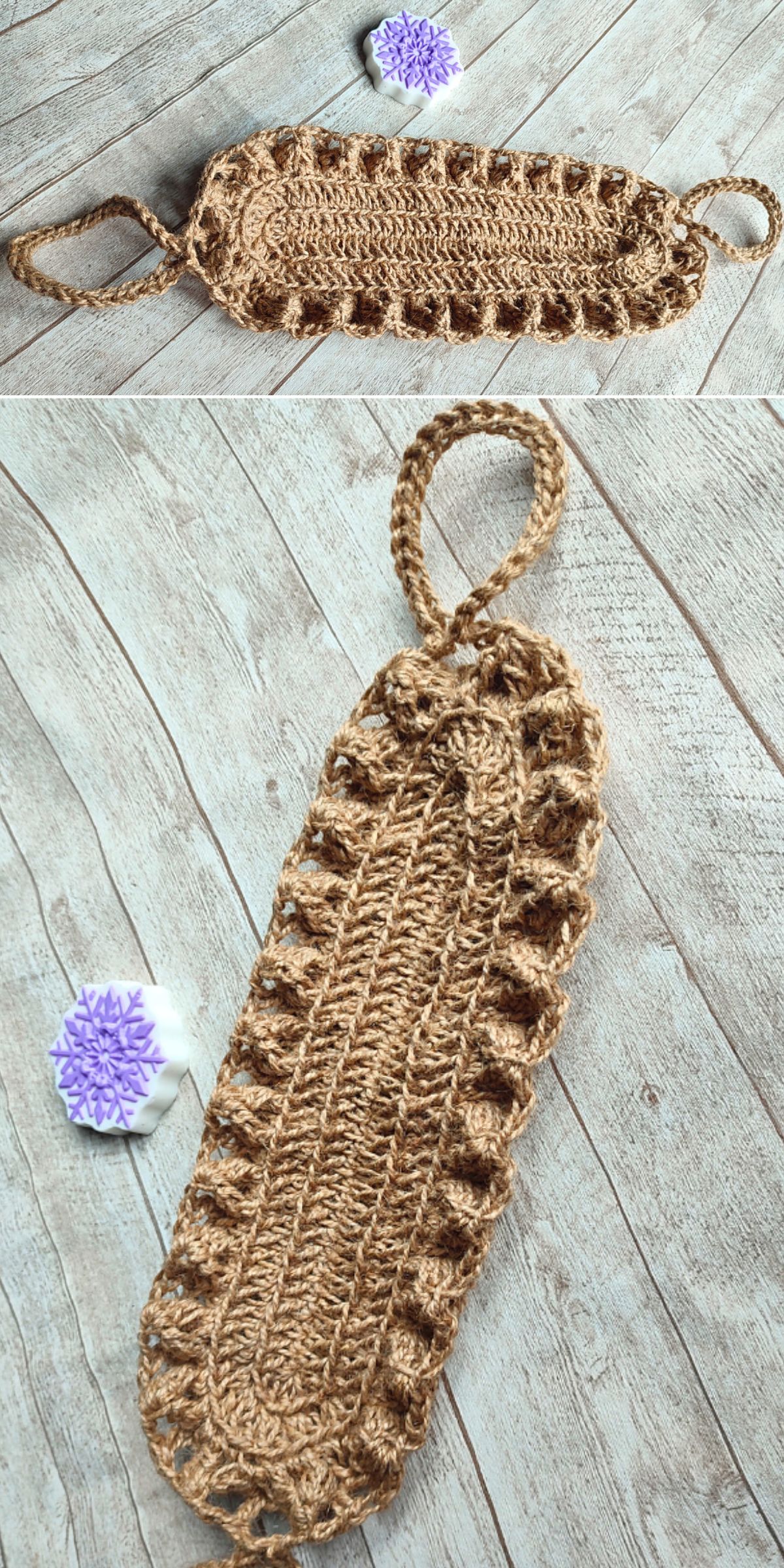 Two images show a handmade, oval-shaped crochet spa bath scrubber with handles at both ends, placed on a wooden surface next to a small purple bath sponge.