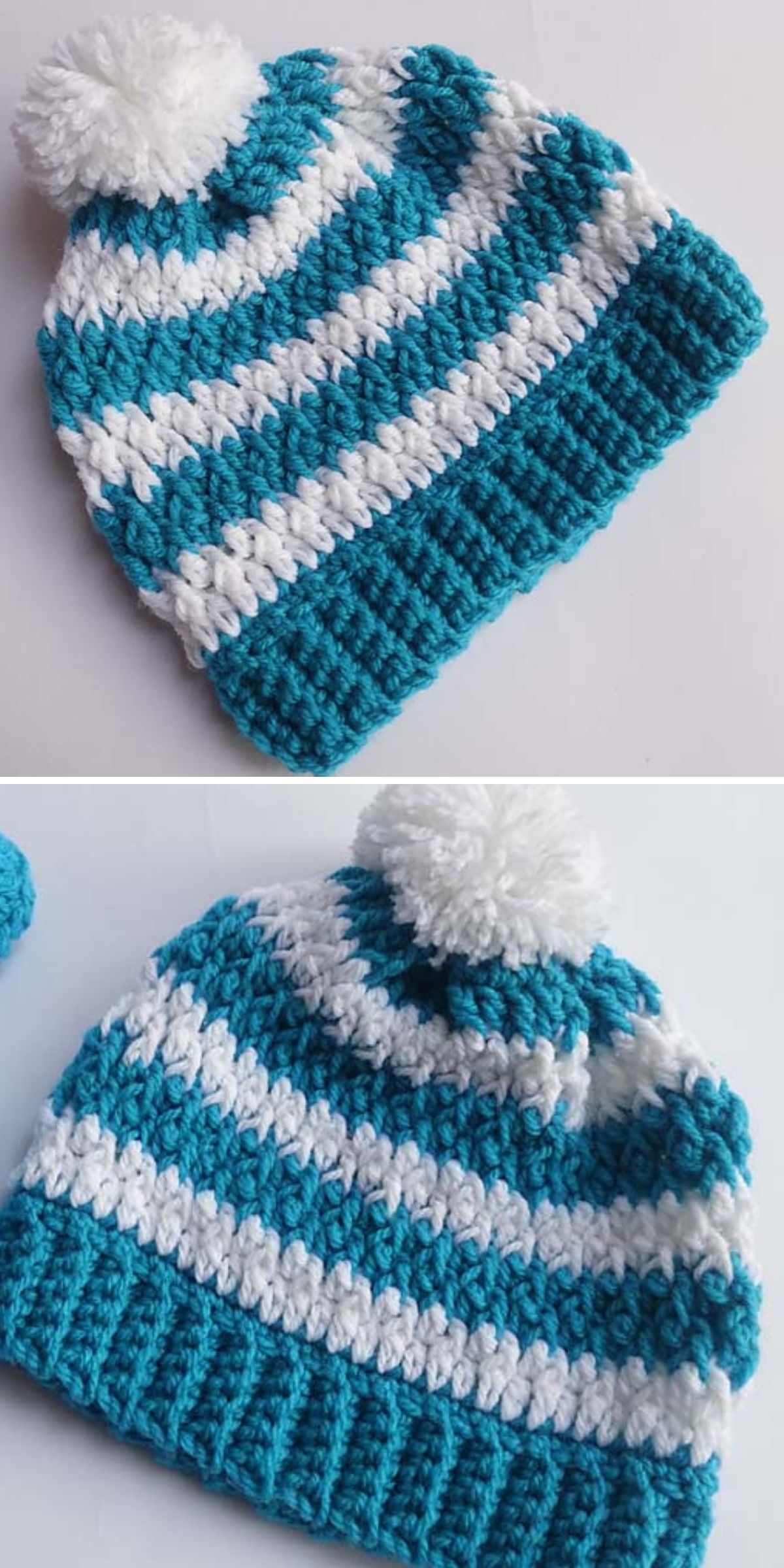 A blue and white striped crochet baby hat.