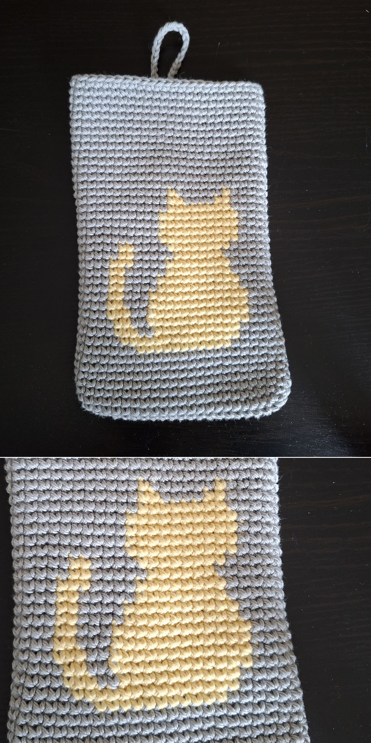 A gray crocheted phone bag with a yellow cat silhouette design, shown in a full view and a close-up detail — perfect for cat lovers.