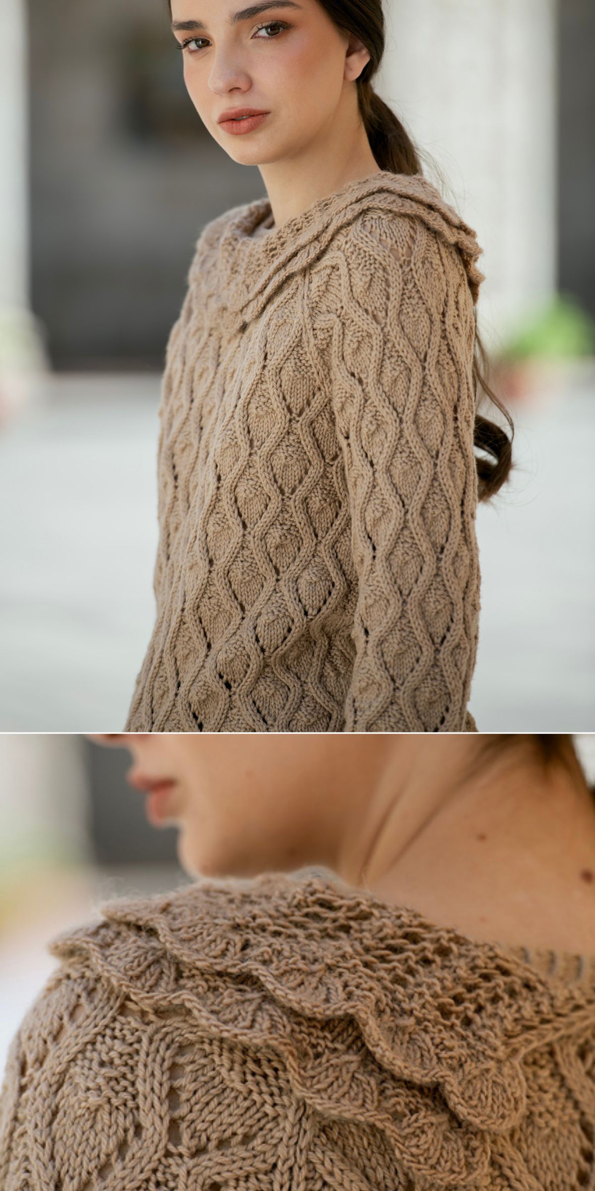 A woman models a beige, cable-knit sweater with a textured pattern inspired by classic knitting patterns for sweaters and a decorative collar, shown in both a side and close-up view.