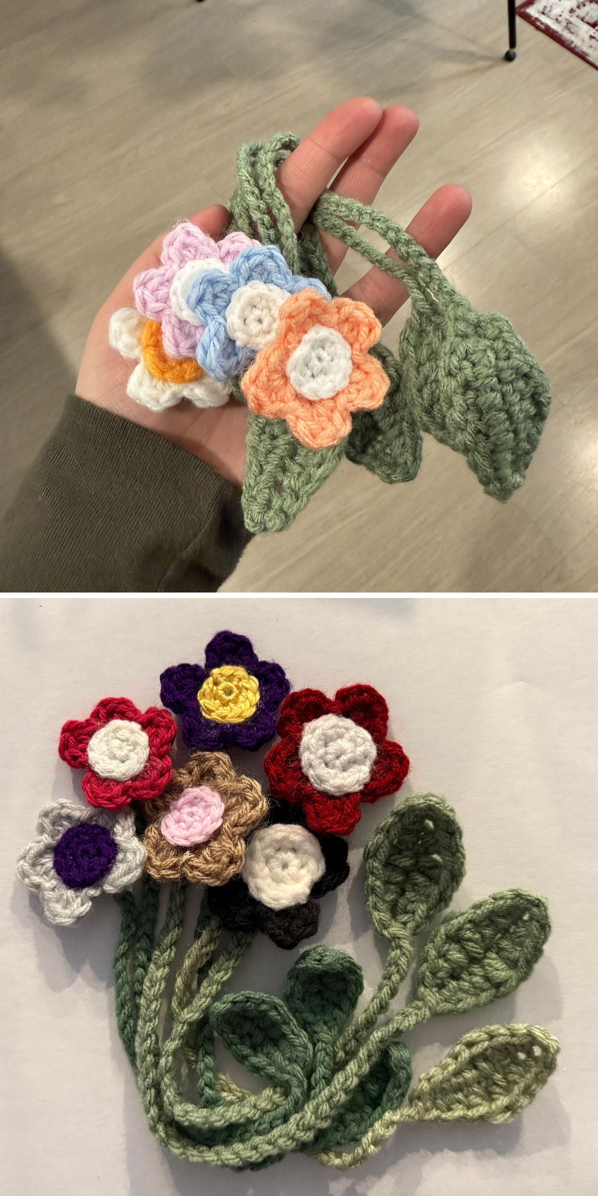 A hand holds several crochet bookmark flowers with green stems. Below, the crochet bookmarks are spread out on a white surface, each featuring a different colored flower.