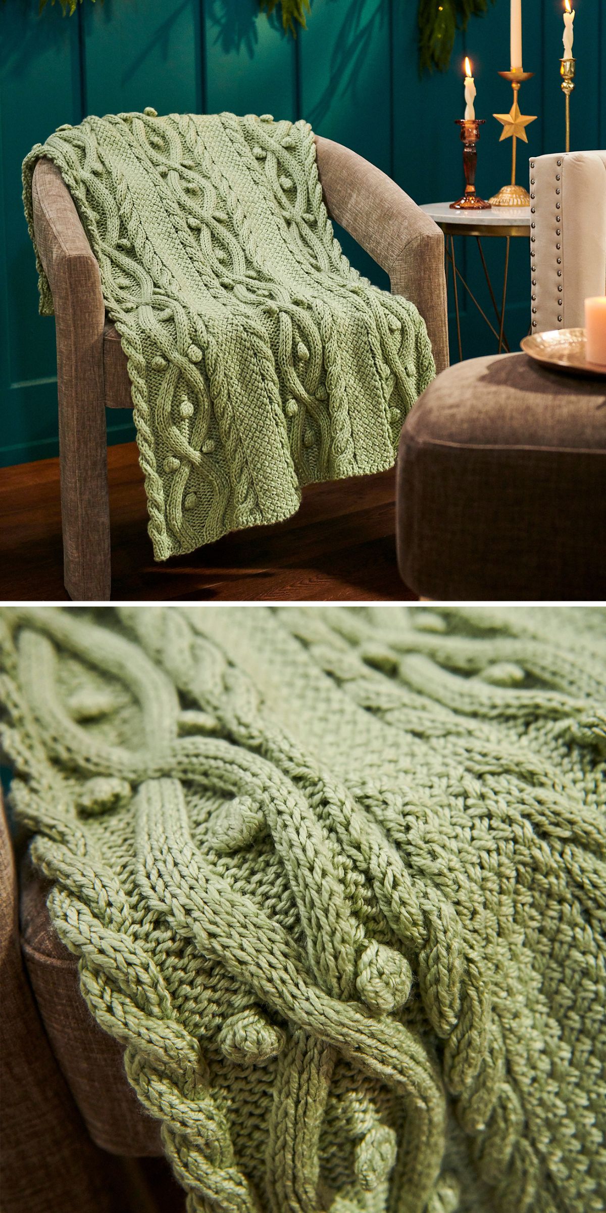 A light green, intricately patterned cable knit blanket draped over a wooden chair, with candles and a small table nearby in a cozy room.